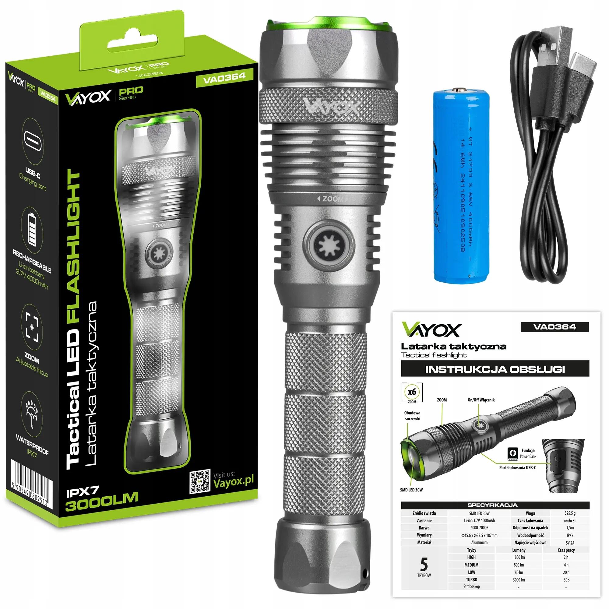 Lampe de poche rechargeable Vayox VA0364 30W USB-C ZOOM powerbank 3000lm 15/16