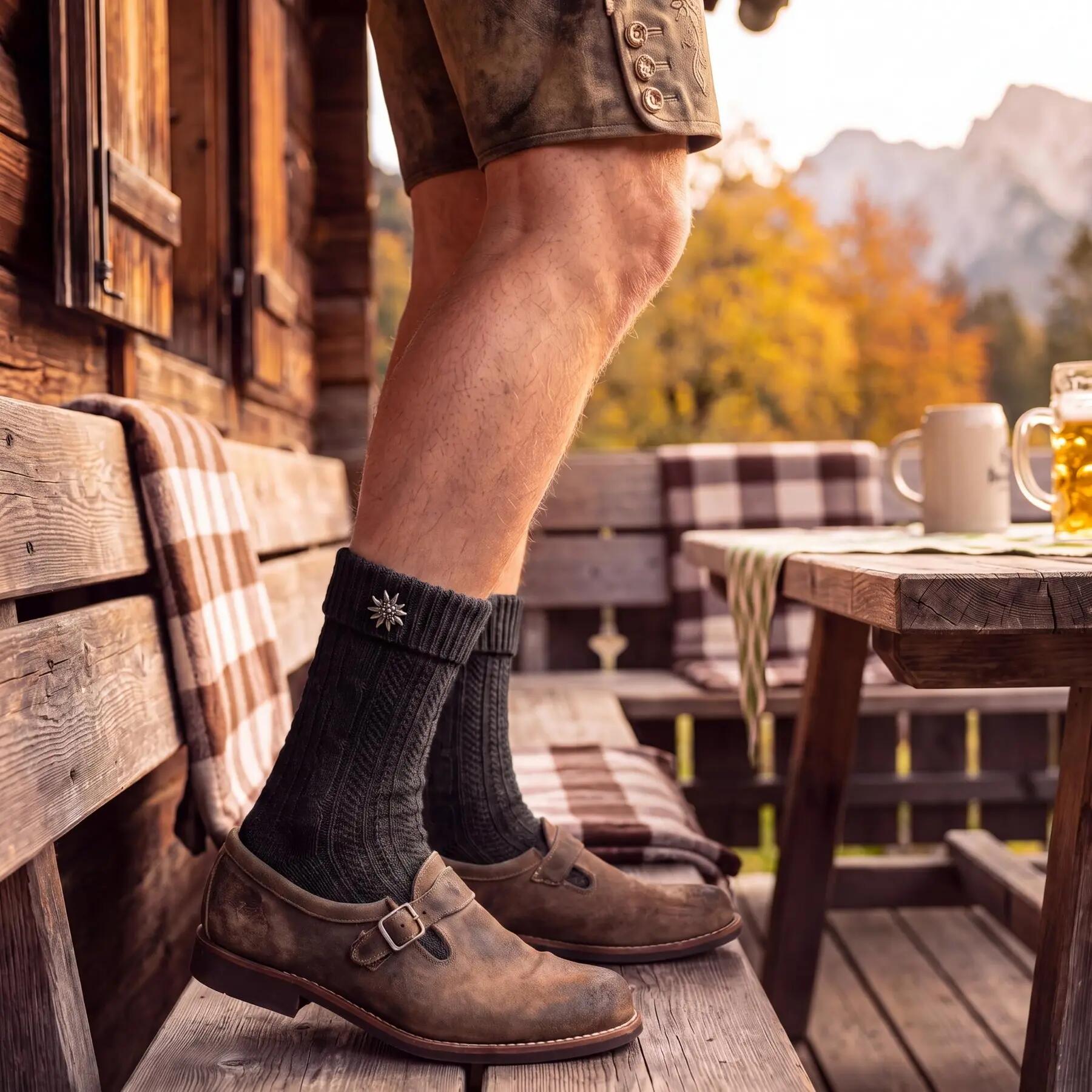 Damen Herren Trachtensocken Schoppersocken Zopfmuster Umschlagbund Edelweiß-Pin 7/8