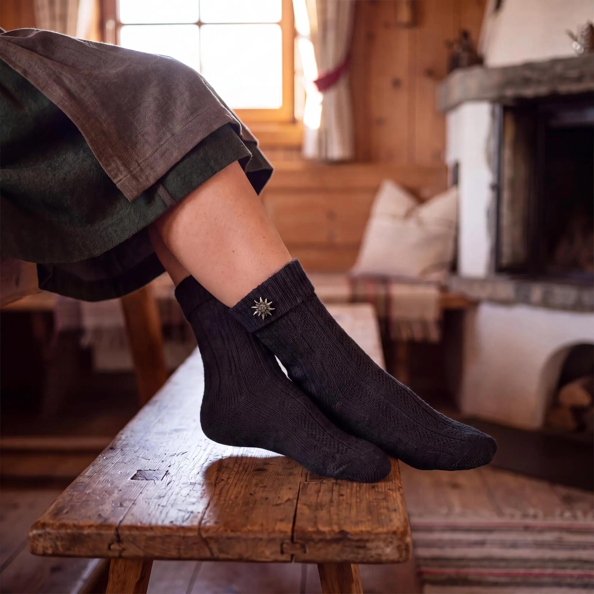 Damen Herren Trachtensocken Schoppersocken Zopfmuster Umschlagbund Edelweiß-Pin 6/8
