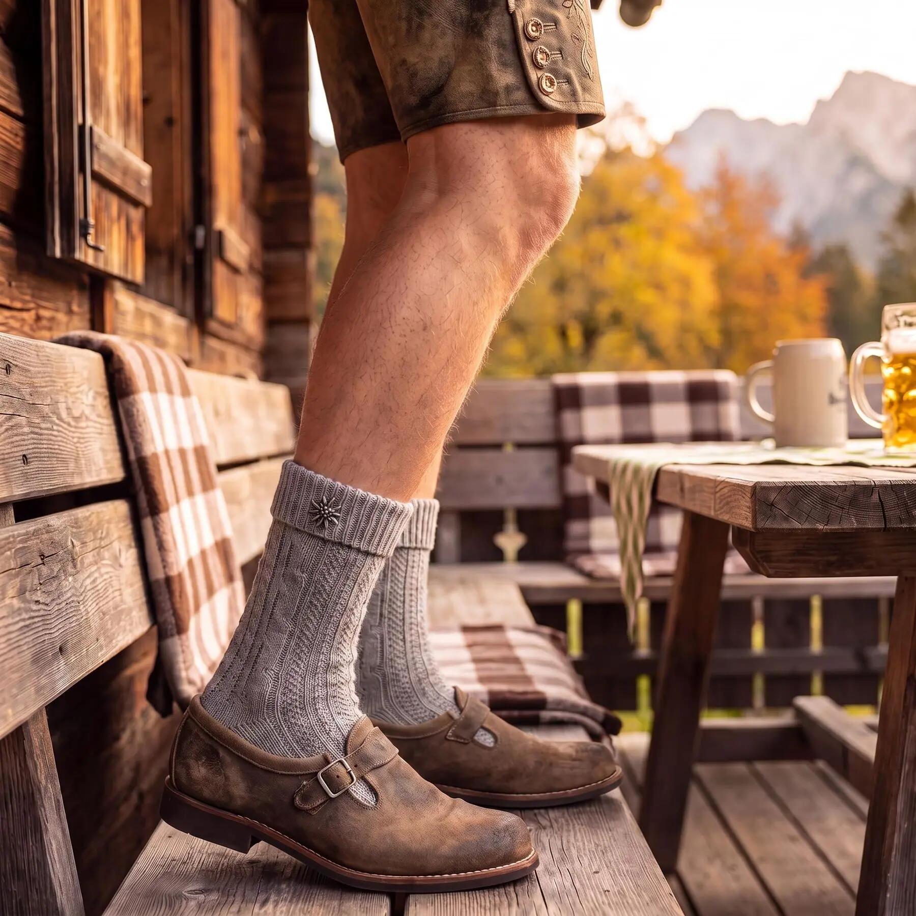 Damen Herren Trachtensocken Schoppersocken Zopfmuster Umschlagbund Edelweiß-Pin 5/8