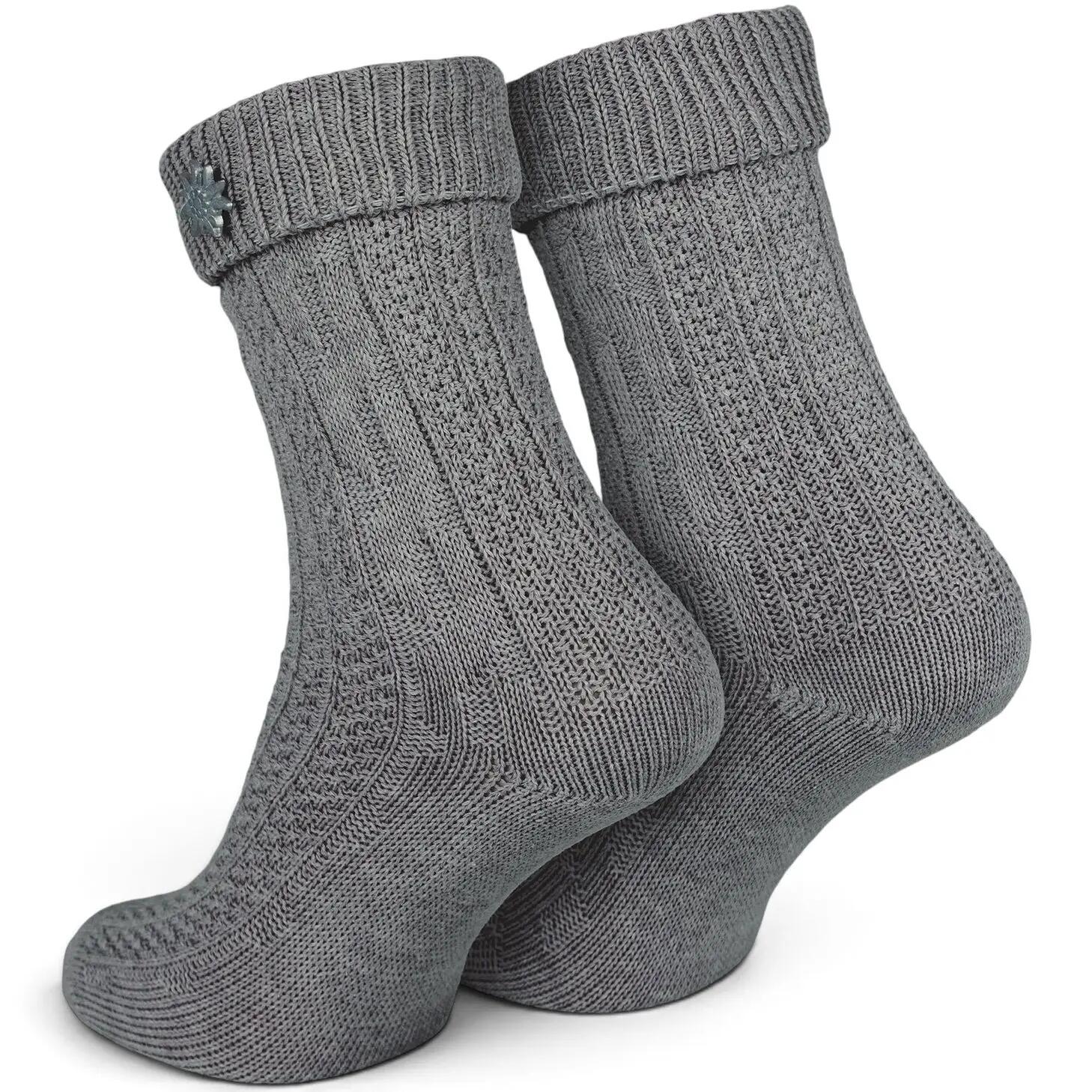 Damen Herren Trachtensocken Schoppersocken Zopfmuster Umschlagbund Edelweiß-Pin 3/8