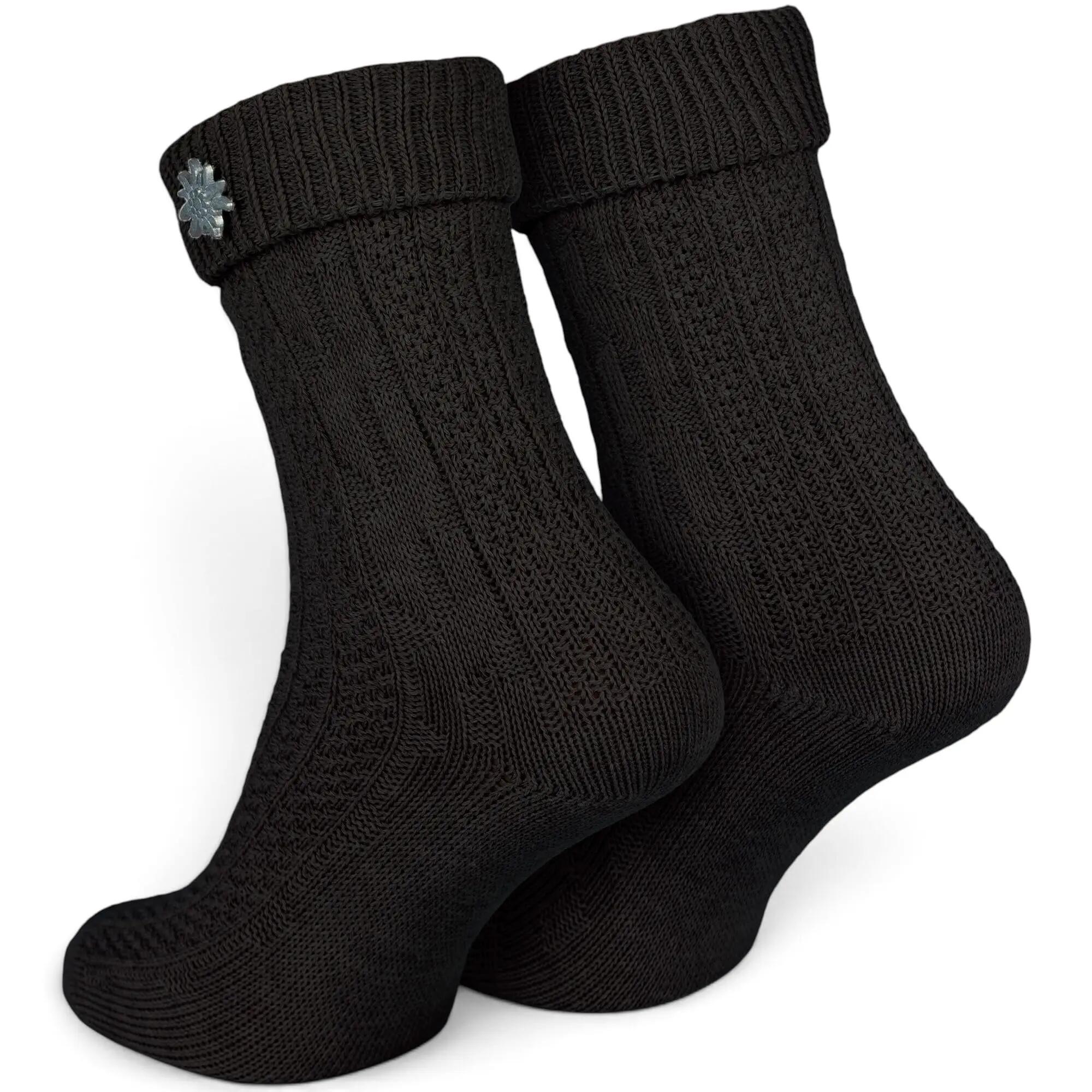 Damen Herren Trachtensocken Schoppersocken Zopfmuster Umschlagbund Edelweiß-Pin 3/8