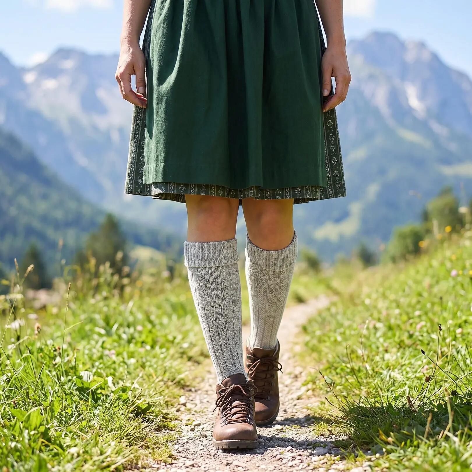 Damen Herren Trachtensocken Kniestrümpfe Zopfmuster Umschlagbund Baumwolle 3/8