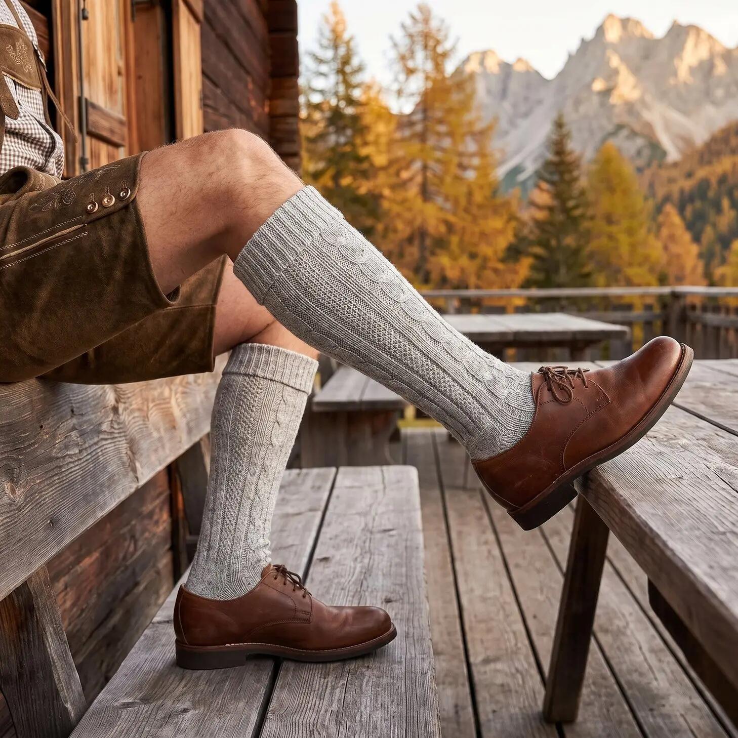 Damen Herren Trachtensocken Kniestrümpfe Zopfmuster Umschlagbund Baumwolle 2/8