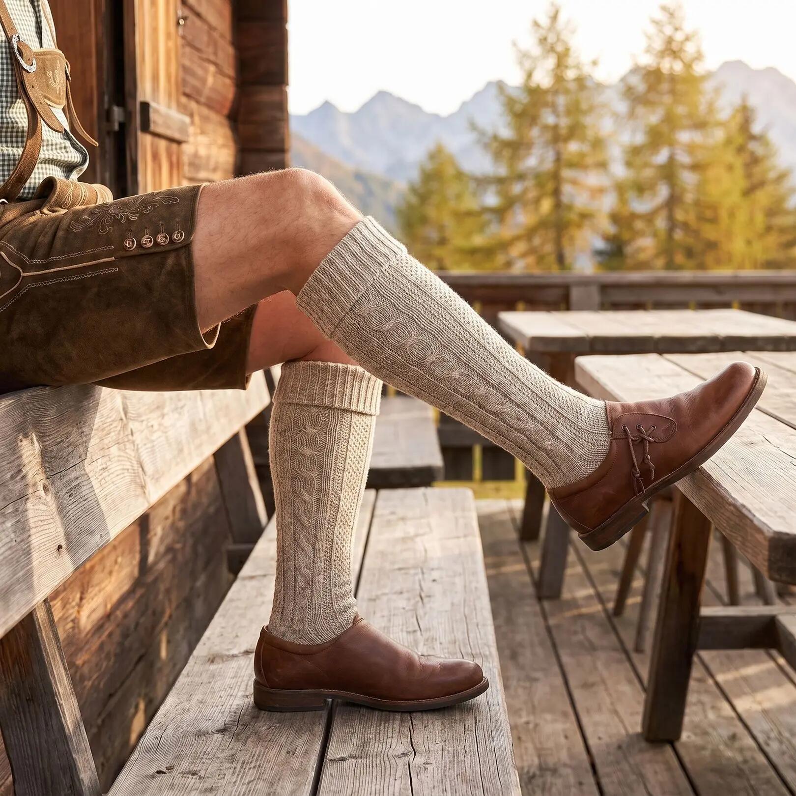 Damen Herren Trachtensocken Kniestrümpfe Zopfmuster Umschlagbund Baumwolle 2/9