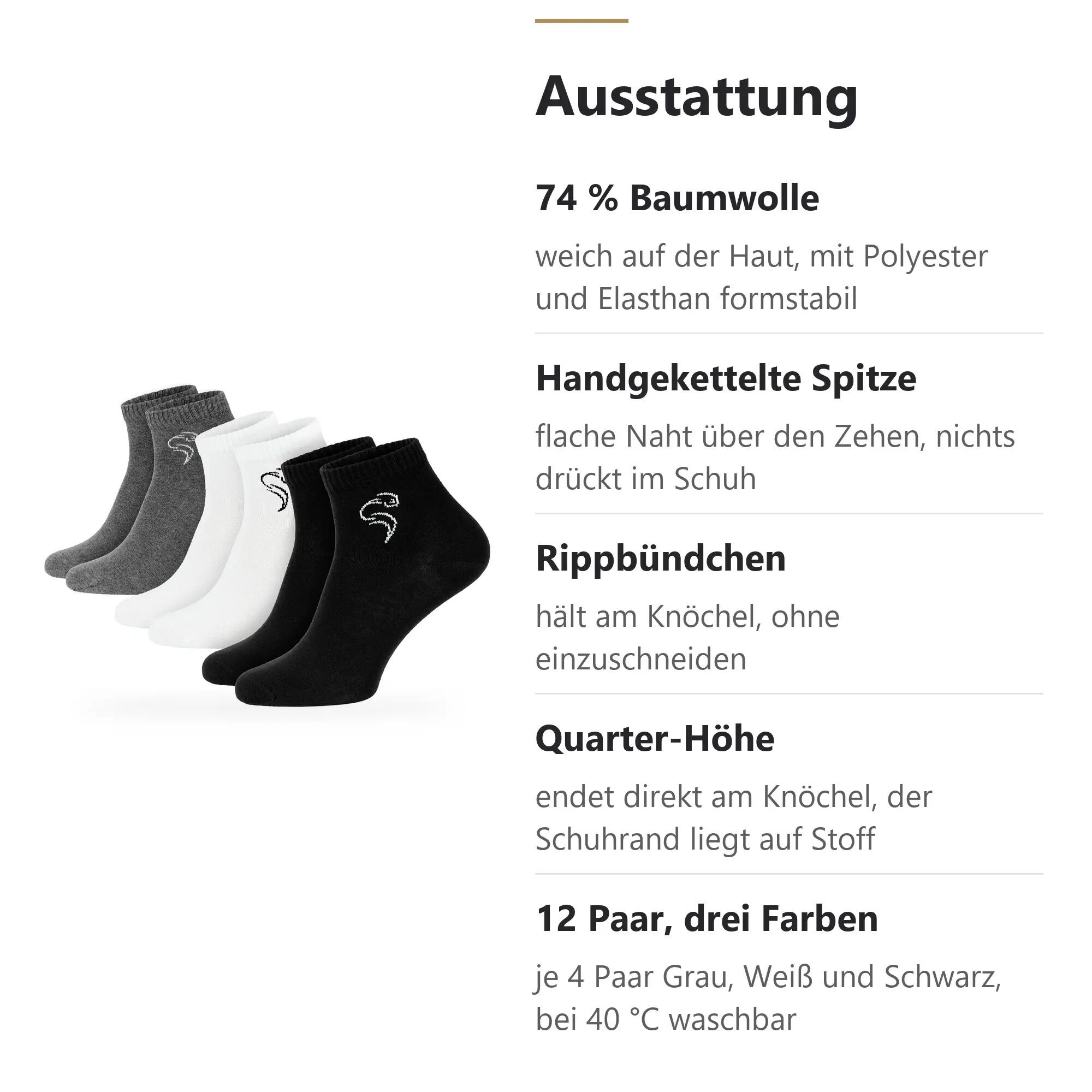 Damen Herren Sport Freizeit Quarter Sportsocken Baumwolle knöchelhoch 12 Paar 4/15