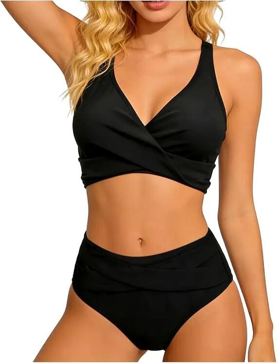 Maillot de Bain Femme 2 Pièces Croisé V Push Up Taille Haute Croisée Gainant,L 1/5