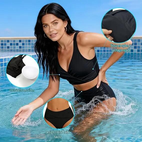 Maillot de Bain Femme 2 Pièces Croisé V Push Up Taille Haute Croisée Gainant,L 4/5