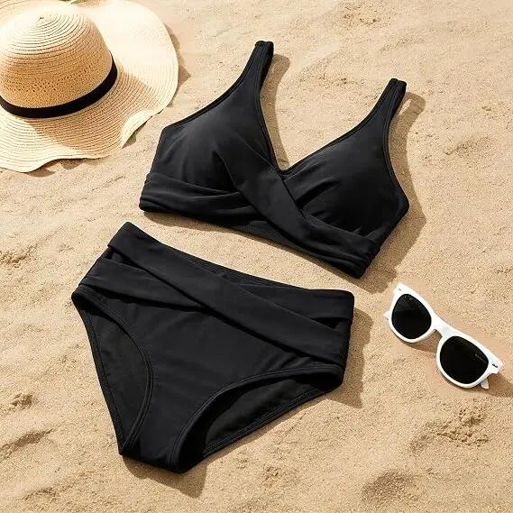 Maillot de Bain Femme 2 Pièces Croisé V Push Up Taille Haute Croisée Gainant,L 3/5