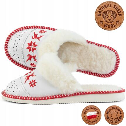Hausschuhe Damen Leder Weiß Schafwolle Handgenäht Winter Motiv 38