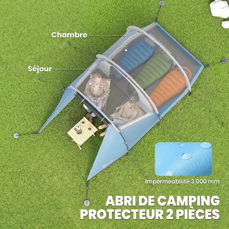 Tente tunnel 3 personnes imperméable 2 entrées fenêtres 4,6 m bleue 3/6