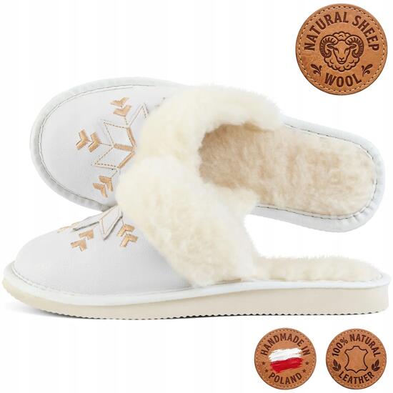 Damen Hausschuhe Leder Schafwolle Weiß Handgenäht Warm Gefüttert Gr. 40