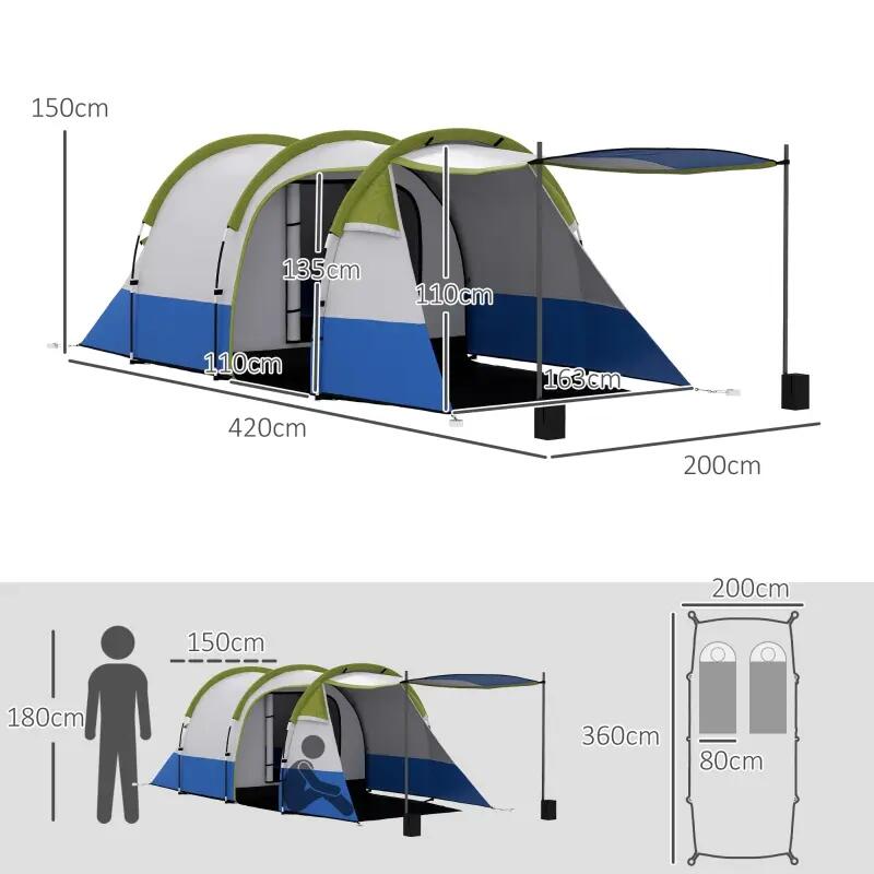 Tente camping 2 personnes crochet lanterne trois entrées imperméable verte 3/5