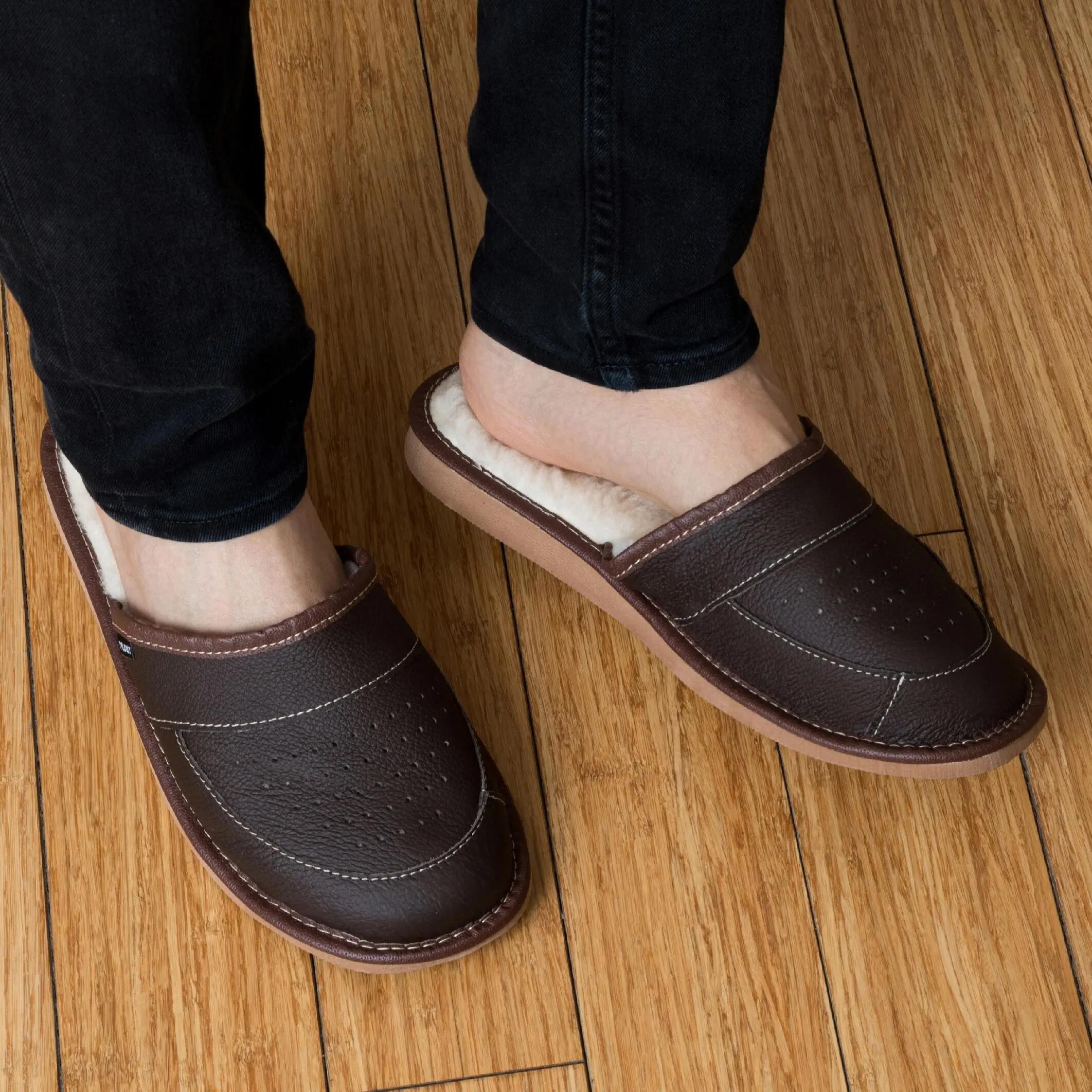 Zapatillas Hombre Piel Natural Forro Lana Oveja Marrón Oscuro Cosidas 4/5