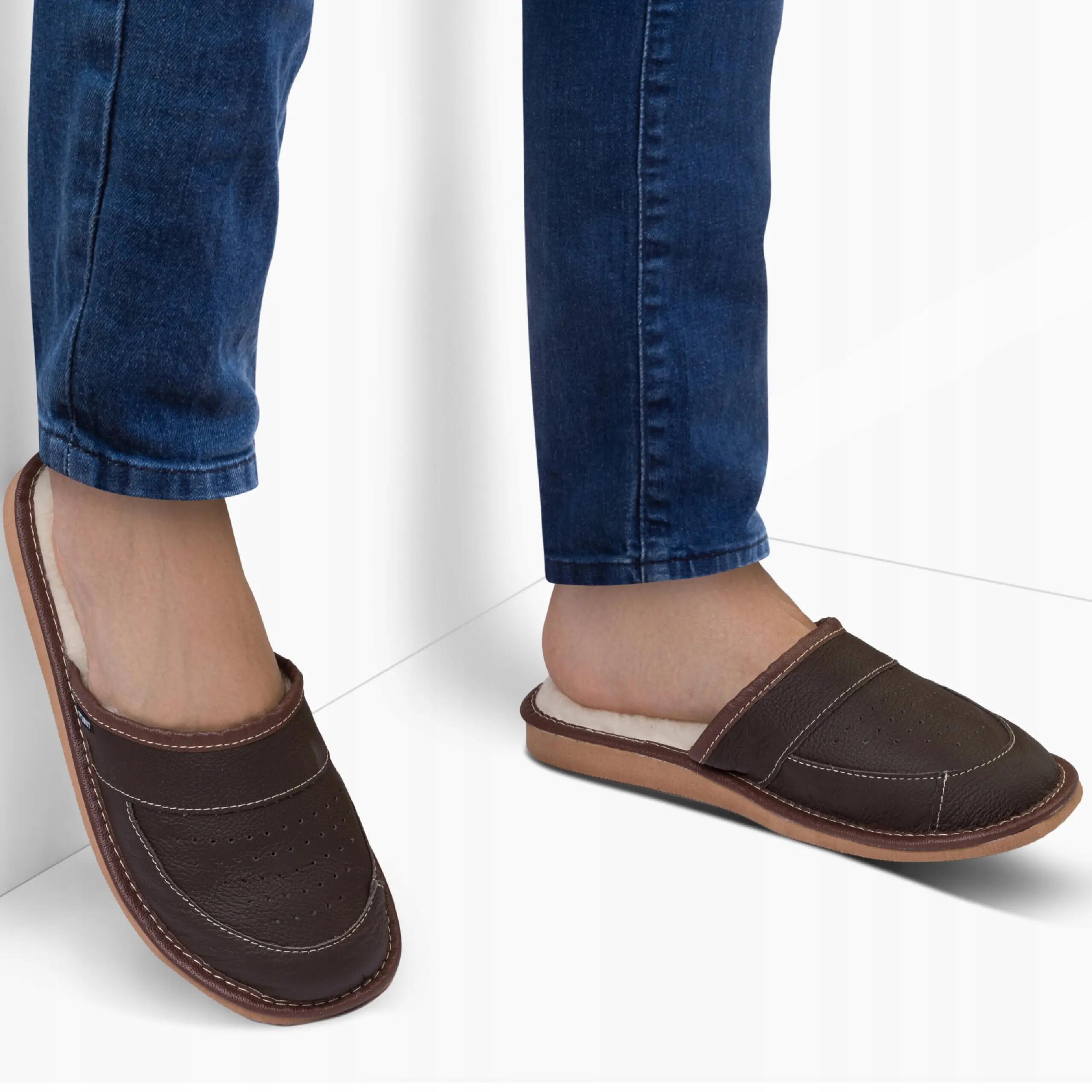 Zapatillas Hombre Piel Natural Forro Lana Oveja Marrón Oscuro Cosidas 3/5