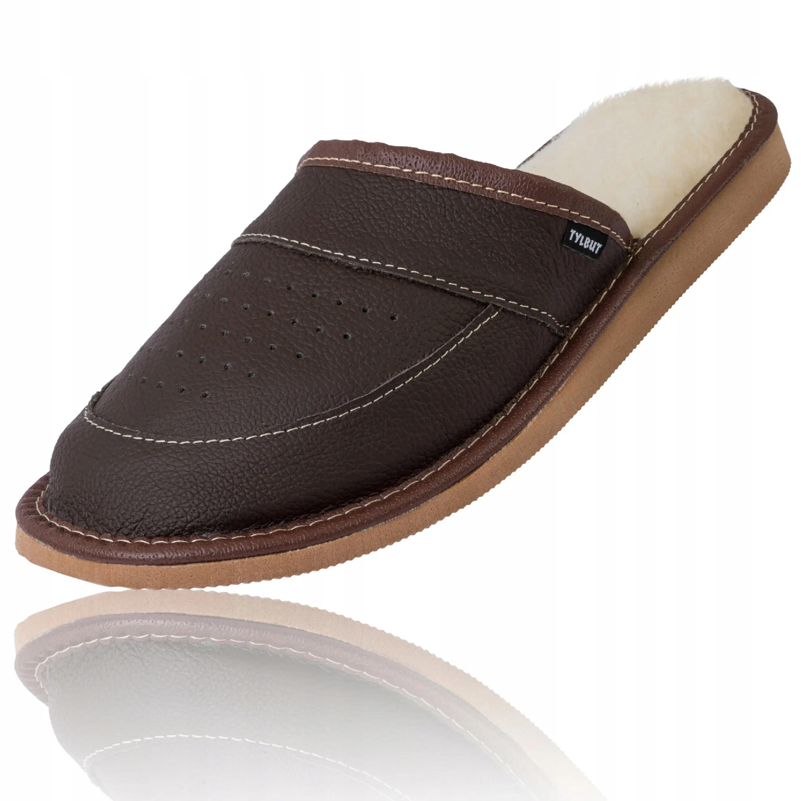 Zapatillas Hombre Piel Natural Forro Lana Oveja Marrón Oscuro Cosidas 2/5