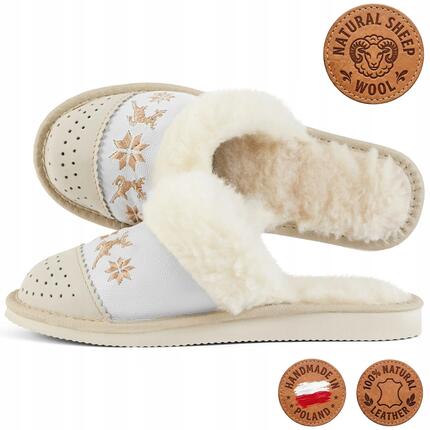 Hausschuhe Damen Leder gefüttert mit Schafwolle beige weihnachtlich 41