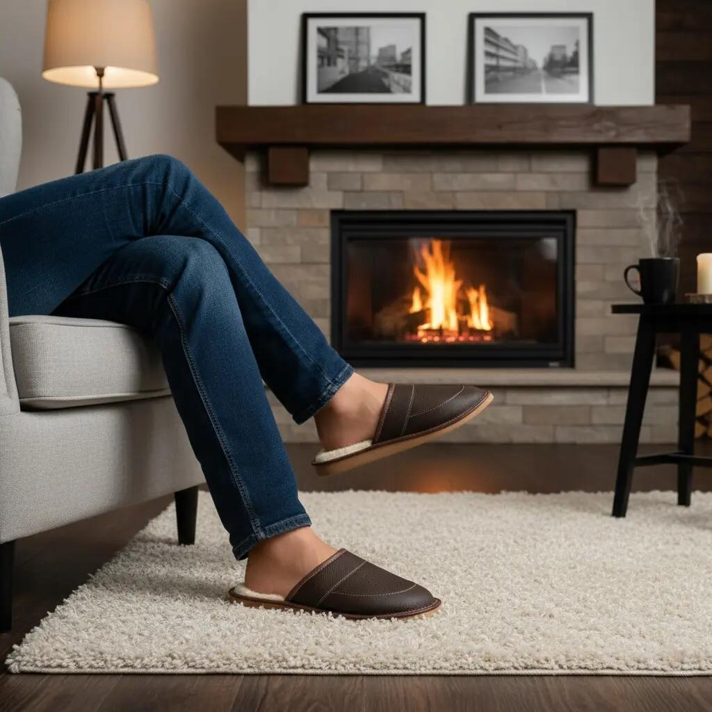 Zapatillas Hombre Piel Natural Forro Lana Oveja Marrón Oscuro Cosidas 5/5