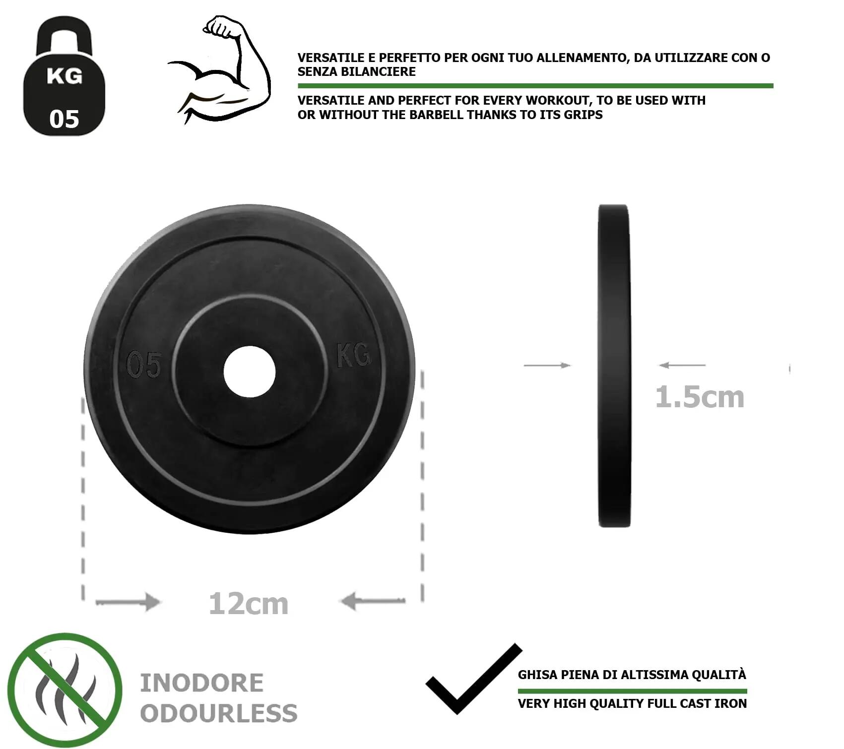 [Gummierte Gusseisenscheiben] Ø25 mm für Hantelstangen, 0,5–20 kg 3/6