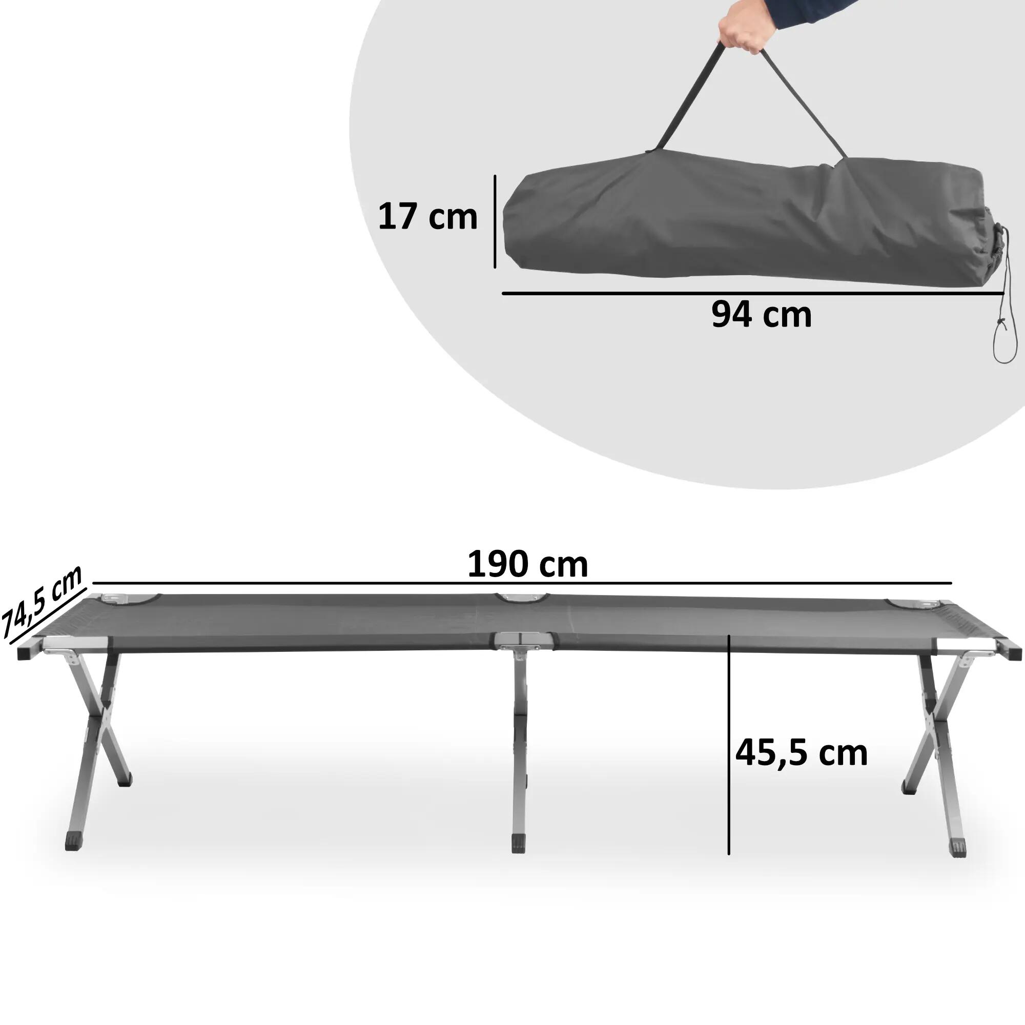 Feldbett mit Tragetasche, Grau, Belastbar bis 180kg, 190 x 74,5 x 45,5 cm 3/4