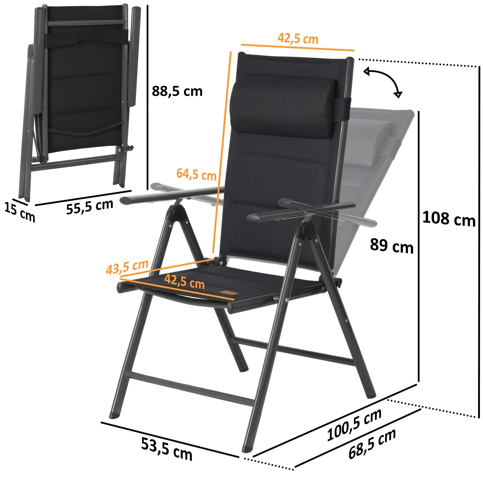 Campingstuhl, Schwarz, verstellbar, Gartenstuhl Hochlehner für Terrasse 3/6