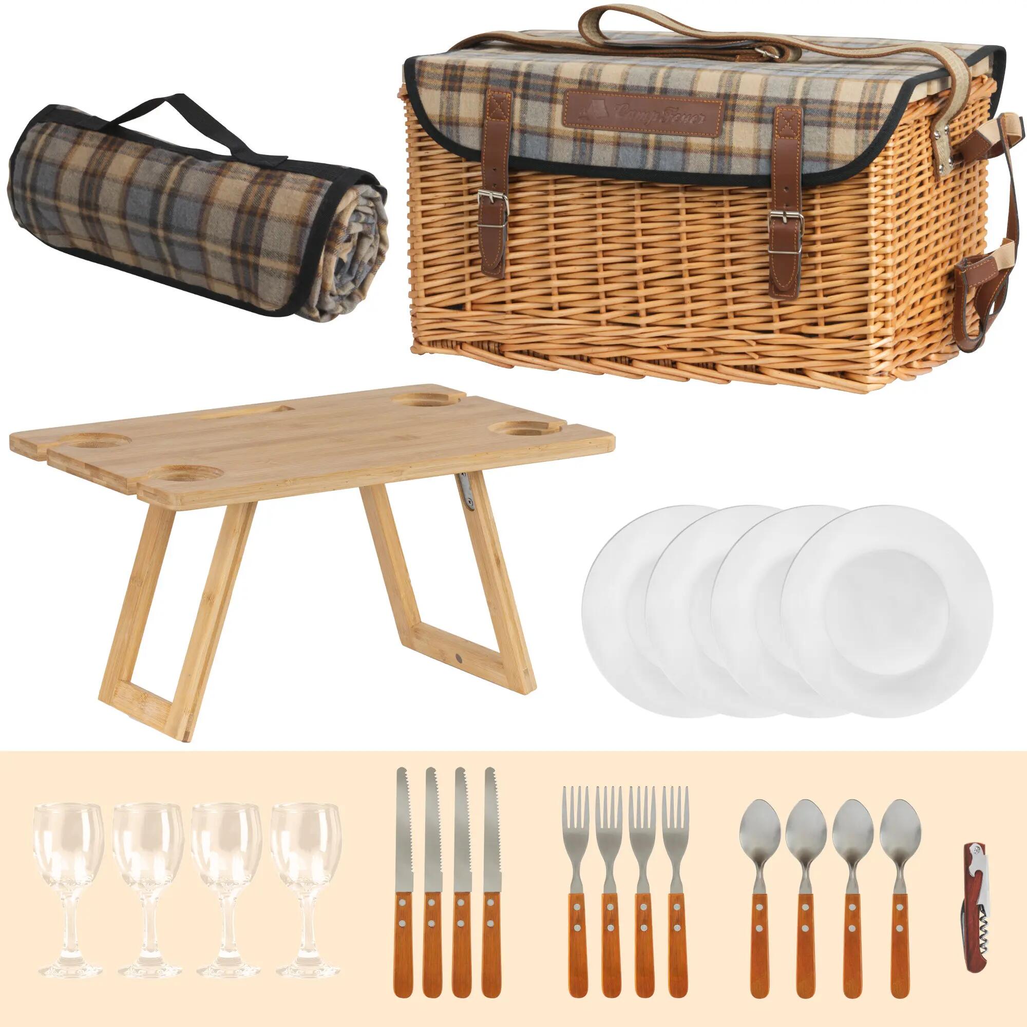 Picknickkorb 4 Personen mit Geschirr-Set und Serviertisch, 25-teilig, Weidenkorb 3/5