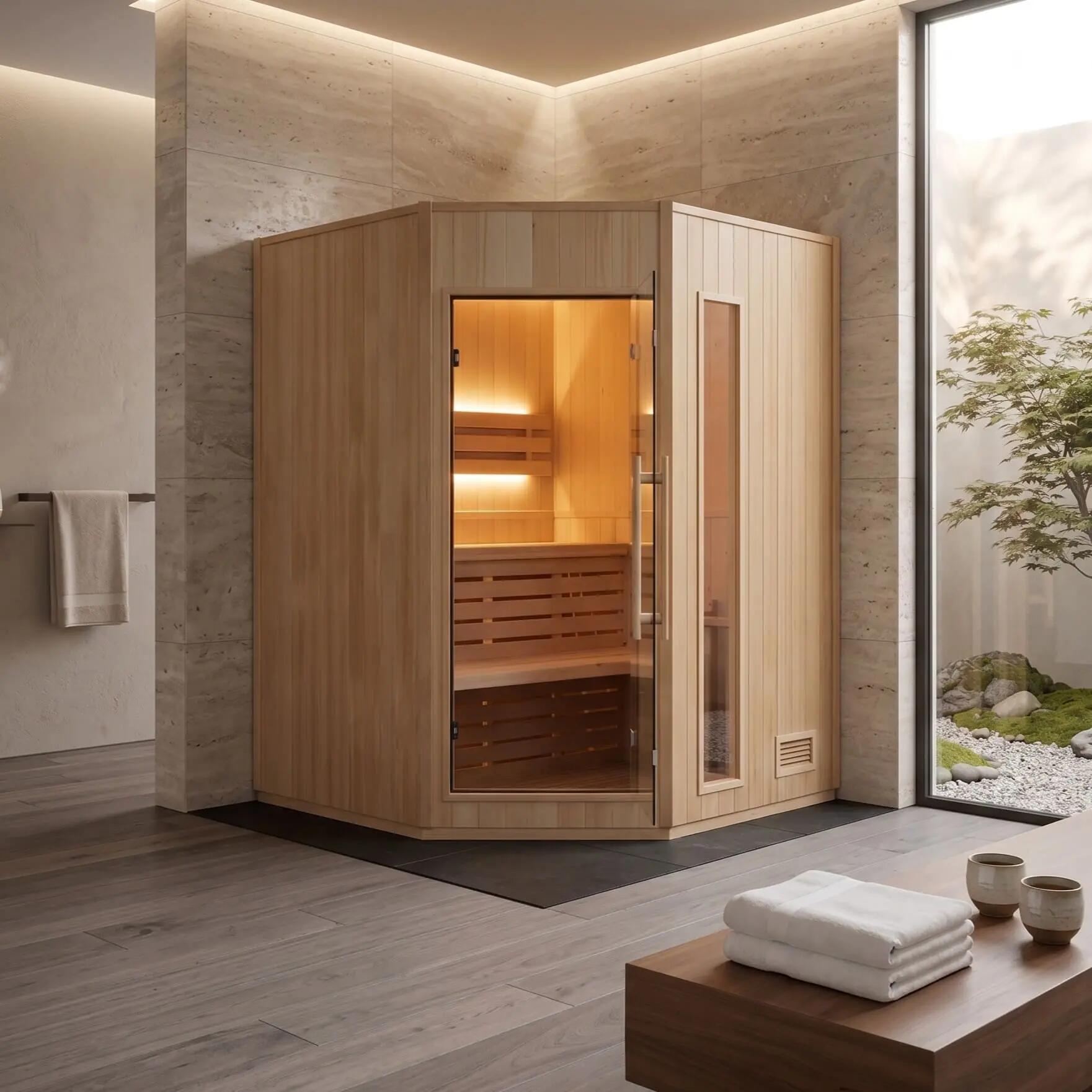 Sauna angulaire Zen 3/4 places en épicéa du Canada, poêle Harvia inclus 8/9