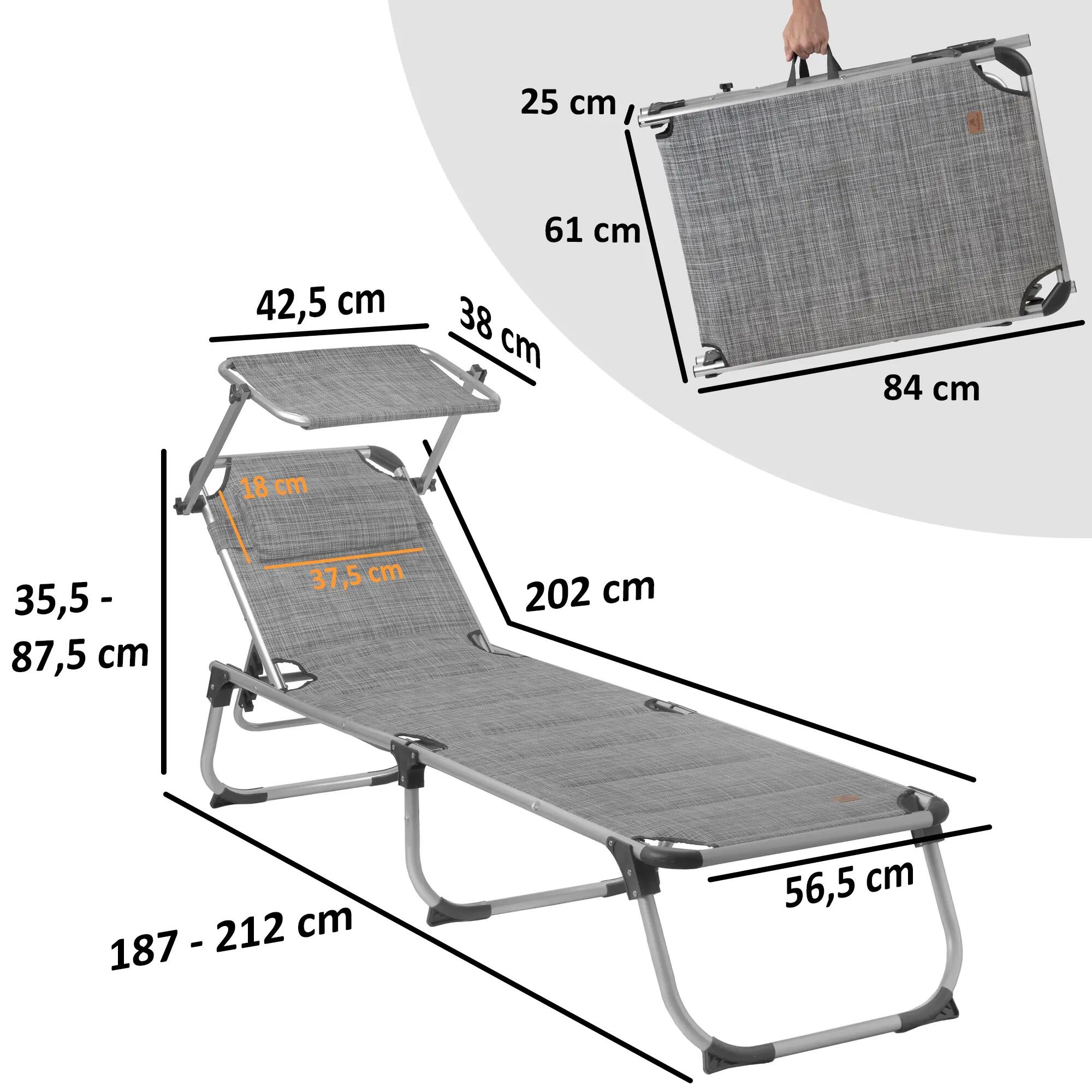 Sonnenliege + Dach, Grau Meliert, Alu Campingliege, Gartenliege mit Sonnendach 3/8