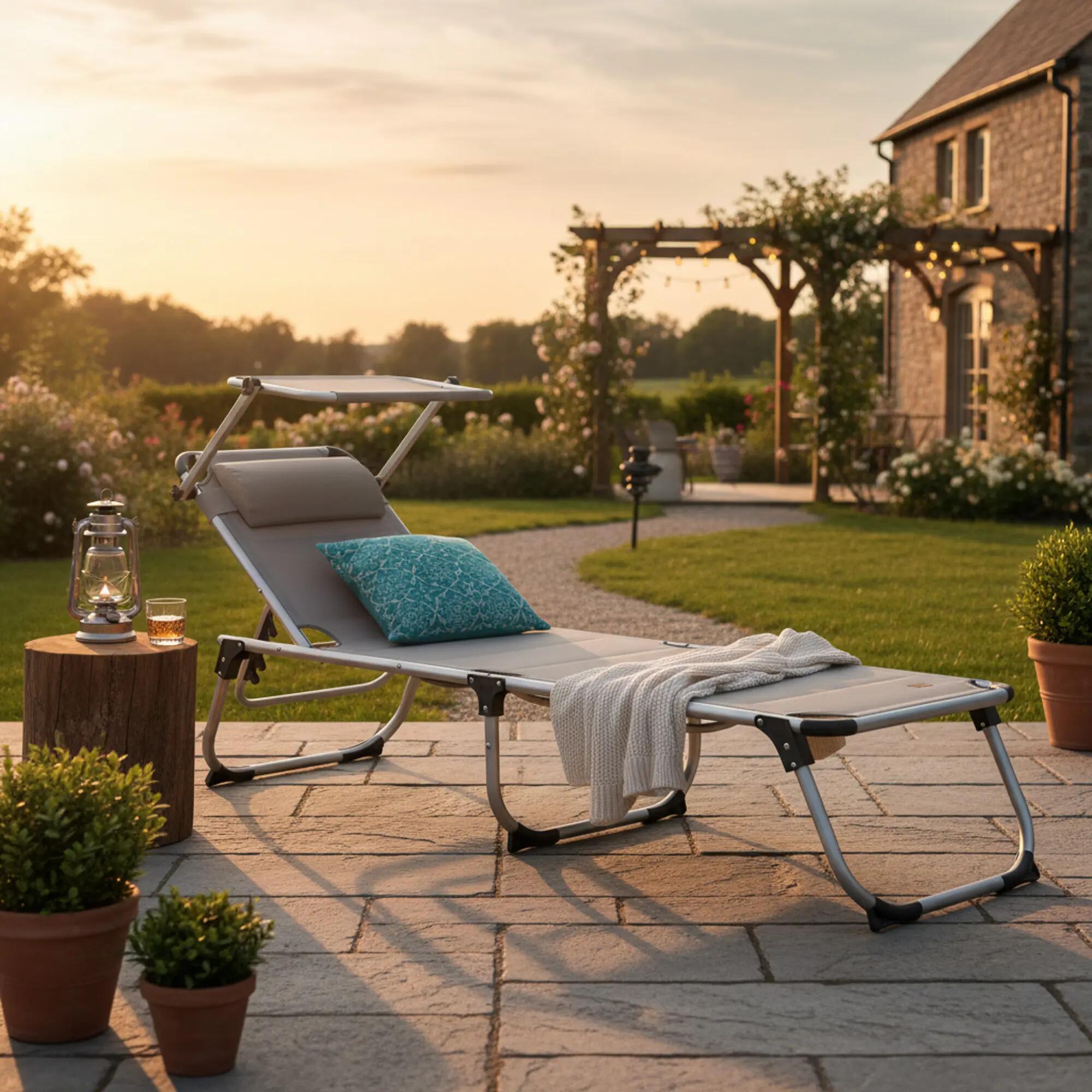Sonnenliege mit Dach, Grau, Alu Campingliege, Gartenliege mit Sonnendach 2/8