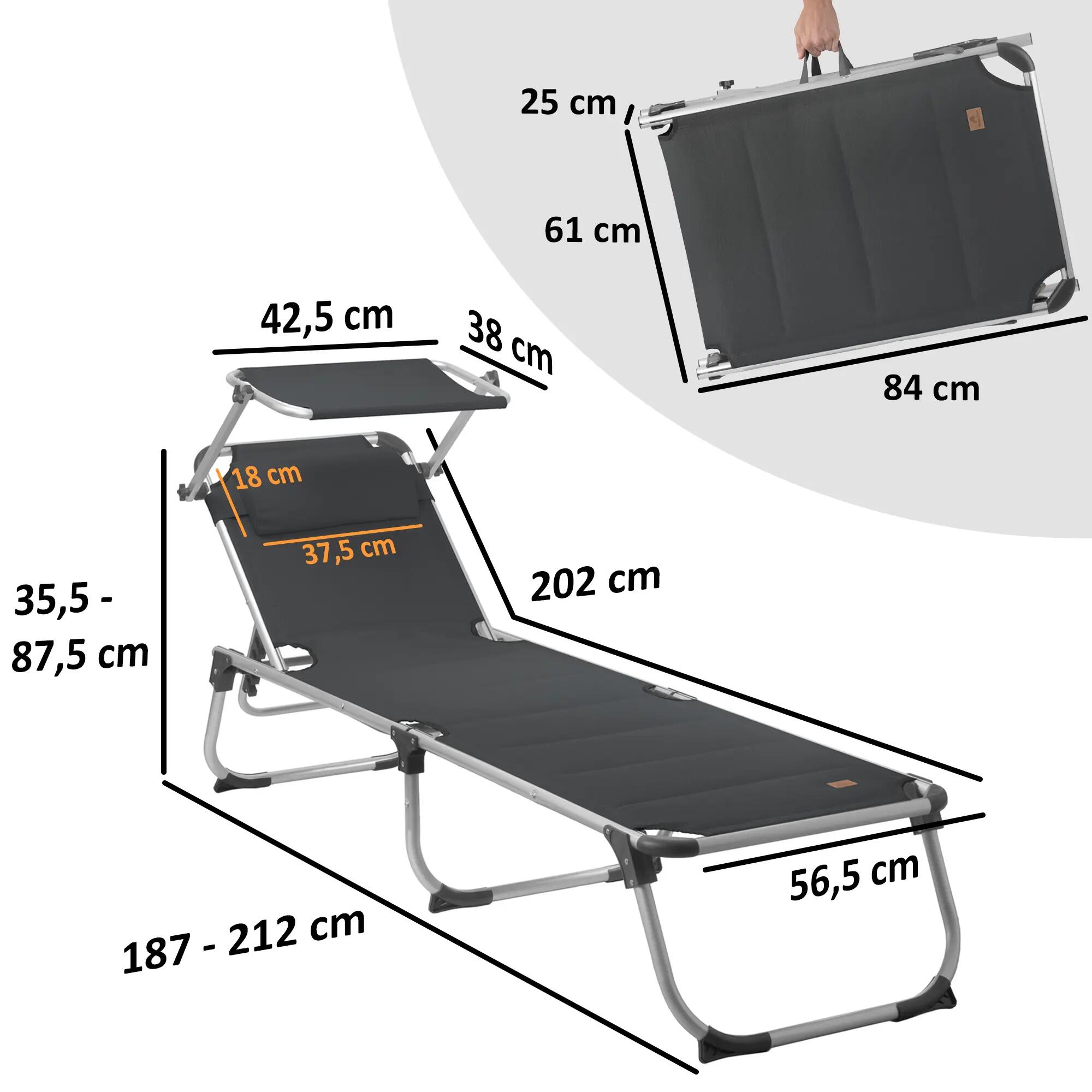 Sonnenliege + Dach, Anthrazit, Alu Campingliege, Gartenliege mit Sonnendach 3/8