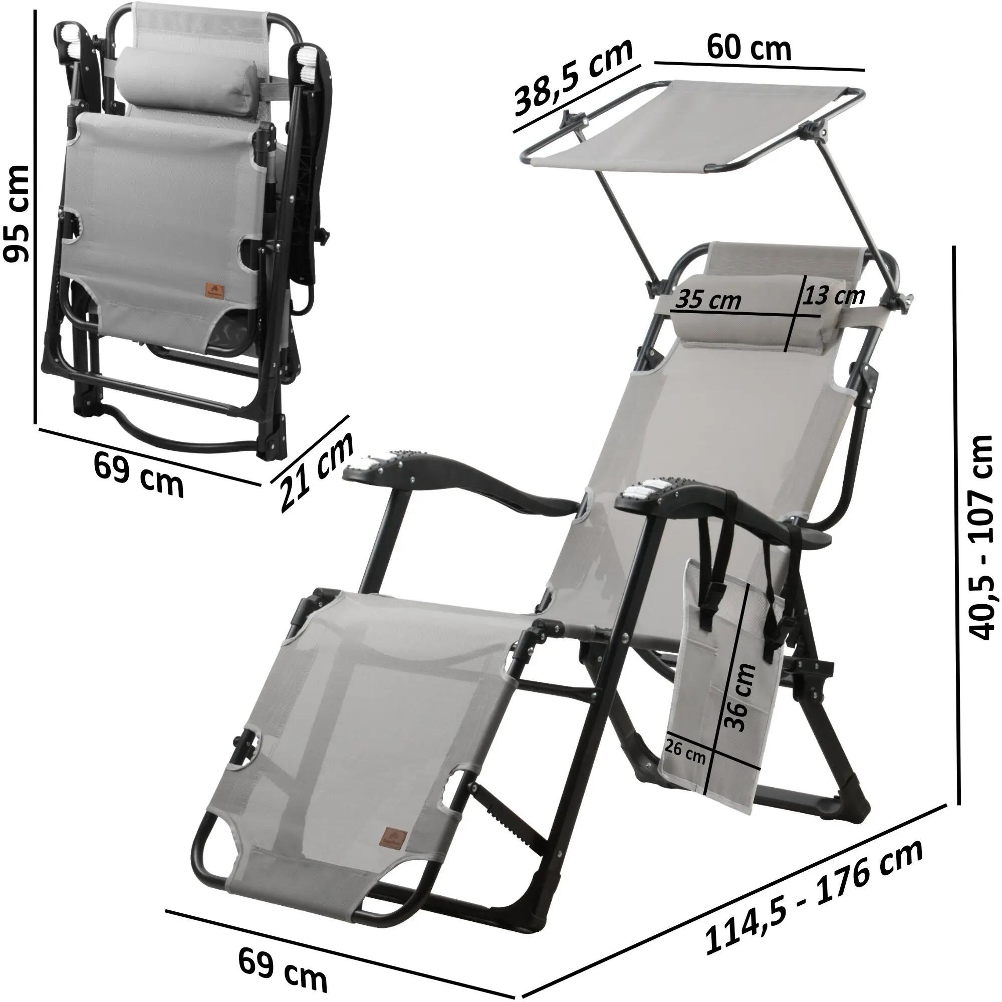 Sonnenliege mit Dach, Grau, Campingliege mit Arm Massagerollen, Gartenliege 3/9