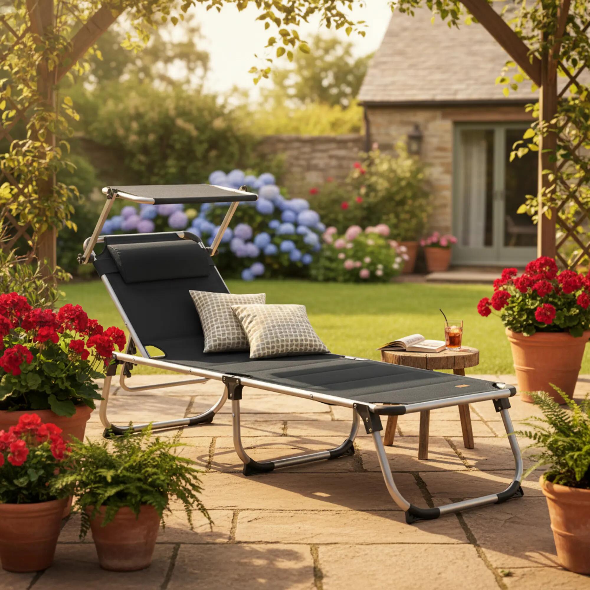 Sonnenliege + Dach, Anthrazit, Alu Campingliege, Gartenliege mit Sonnendach 2/8
