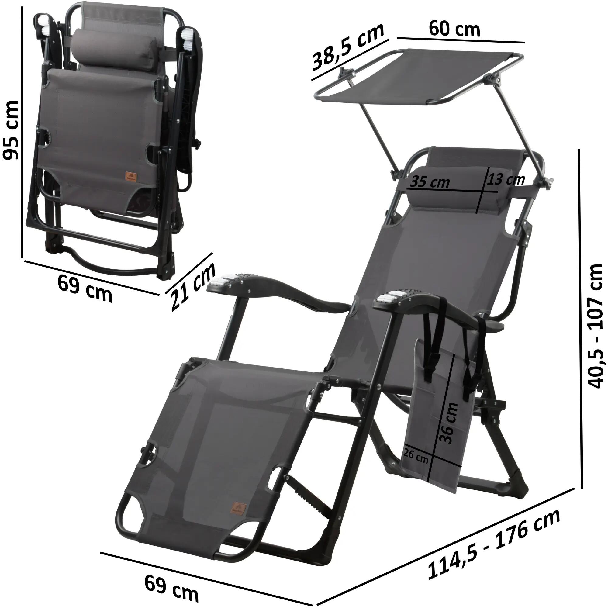 Sonnenliege mit Dach, Anthrazit, Campingliege mit Arm Massagerollen 3/9