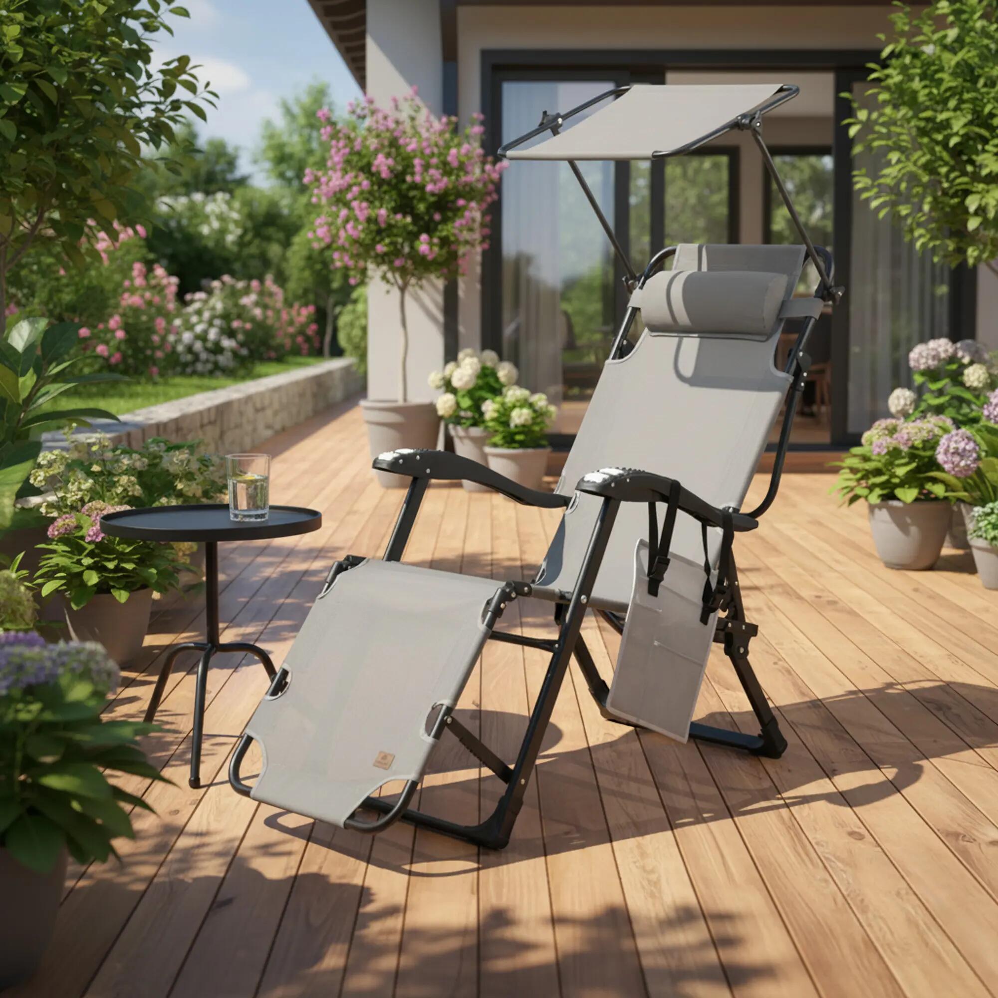 Sonnenliege mit Dach, Grau, Campingliege mit Arm Massagerollen, Gartenliege 2/9