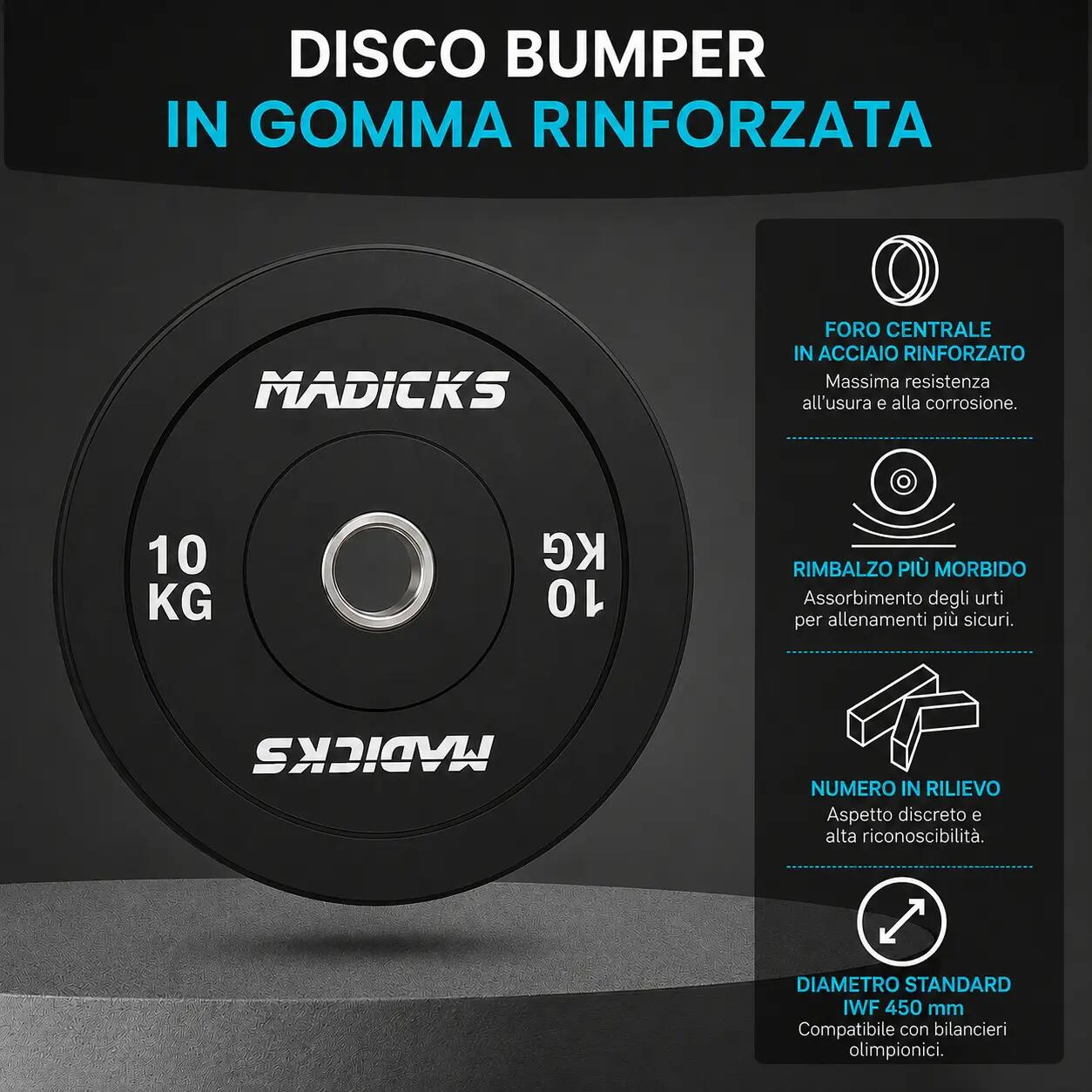 2x Disco Olimpionico Bumper Gommato 10 KG Foro 50 mm Pesi Palestra (20 KG) 5/7