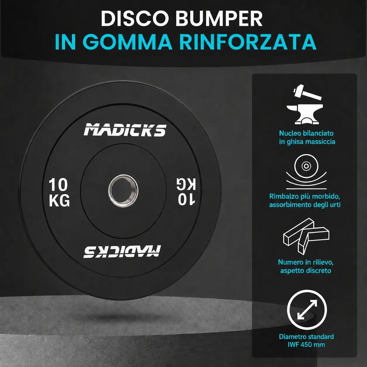 4x Disco Olimpionico Bumper Gommato 10 KG Foro 50 mm Pesi Palestra (40 KG) 5/7
