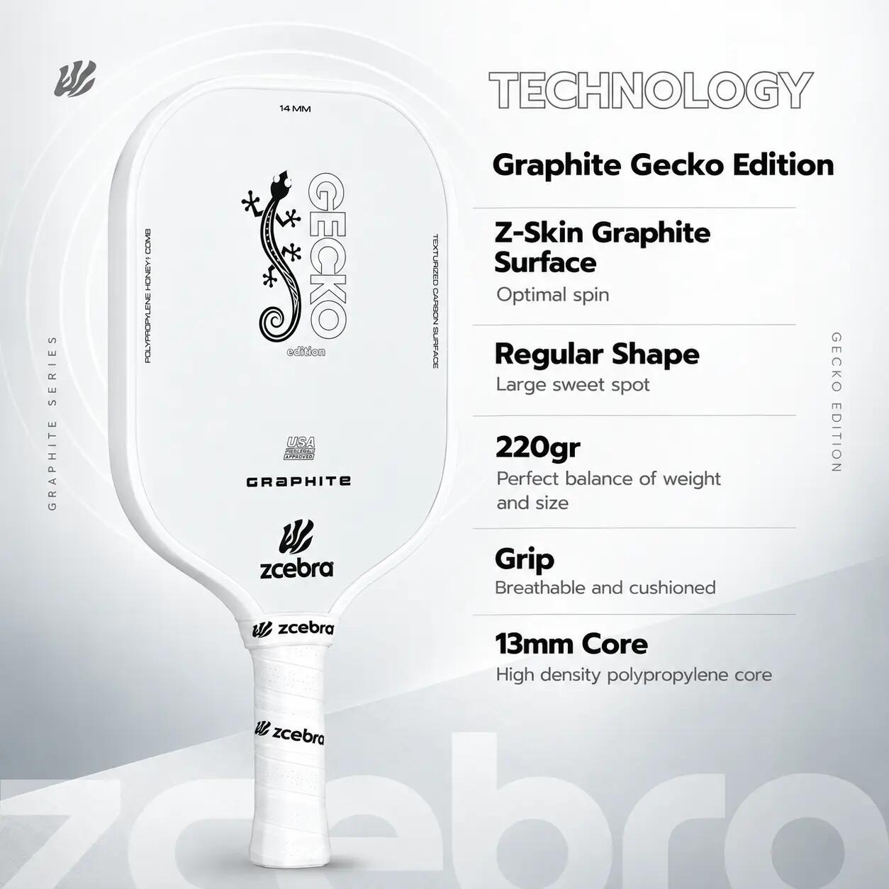 Pala de Pickleball Zcebra Graphite Fiberglass Series WHITE 2/7
