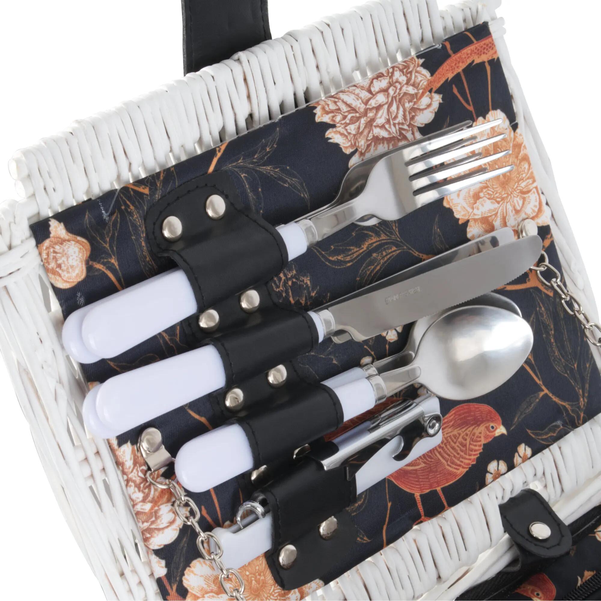 Picknickkorb 2 Personen + Kühlfach und Geschirr-Set, 12-teilig, Weiß, Weidenkorb 6/8