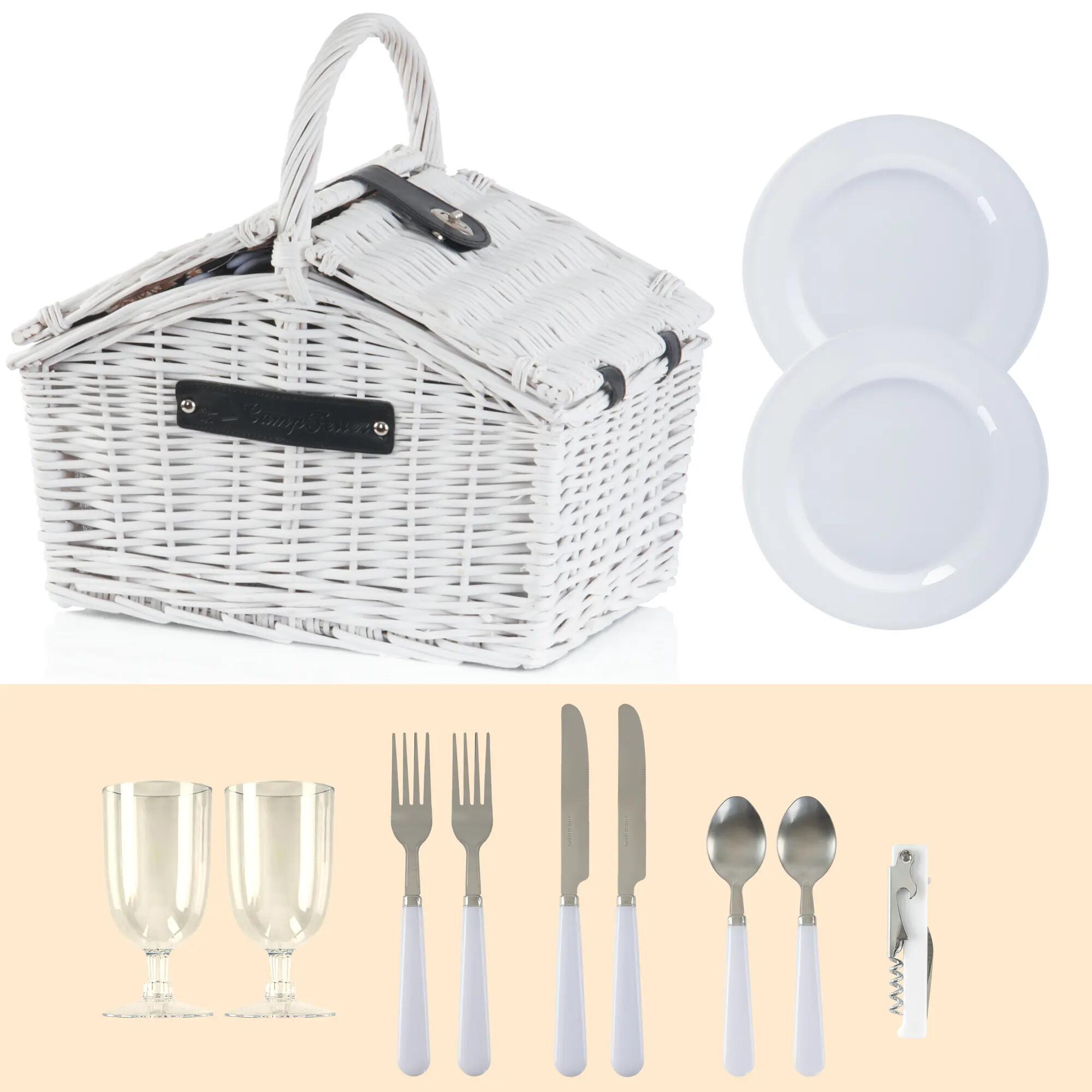 Picknickkorb 2 Personen + Kühlfach und Geschirr-Set, 12-teilig, Weiß, Weidenkorb 3/8