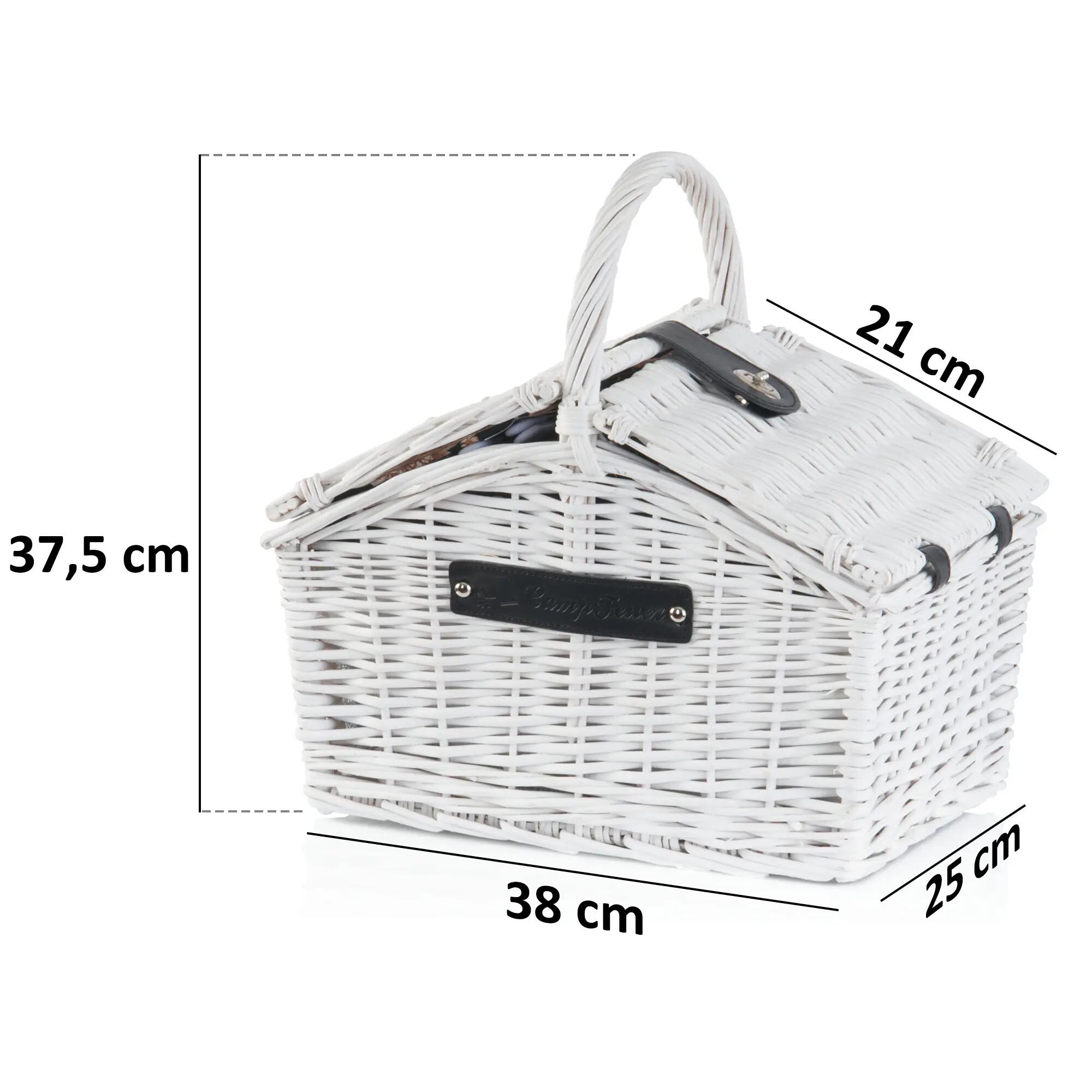 Picknickkorb 2 Personen + Kühlfach und Geschirr-Set, 12-teilig, Weiß, Weidenkorb 2/8