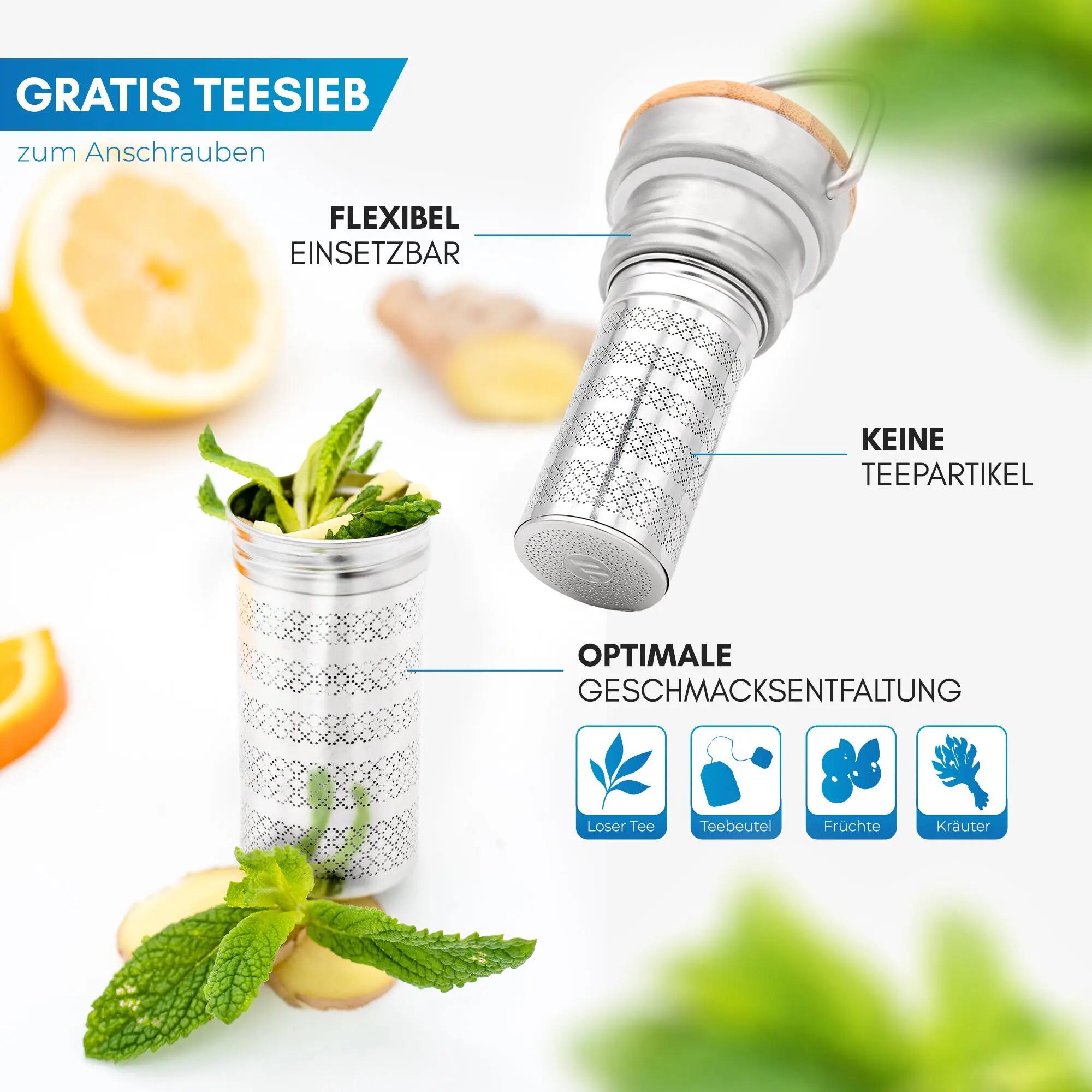 Wandern - Isolierflasche - Edelstahl, 24 h kalt oder warm, Teesieb - Viipu 3/7