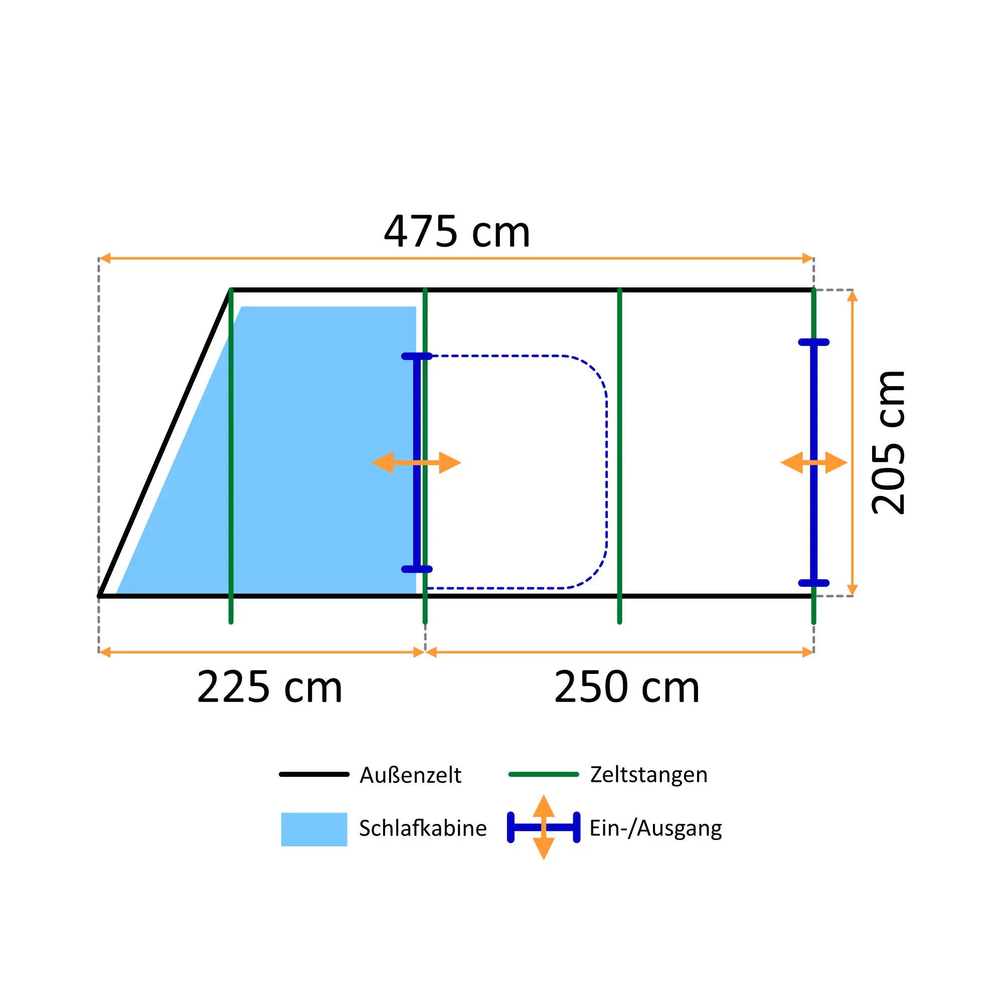 Zelt TunnelX für 4 Personen, Grau/Blau, mit 3 Eingängen und 5000 mm Wassersäule 4/8