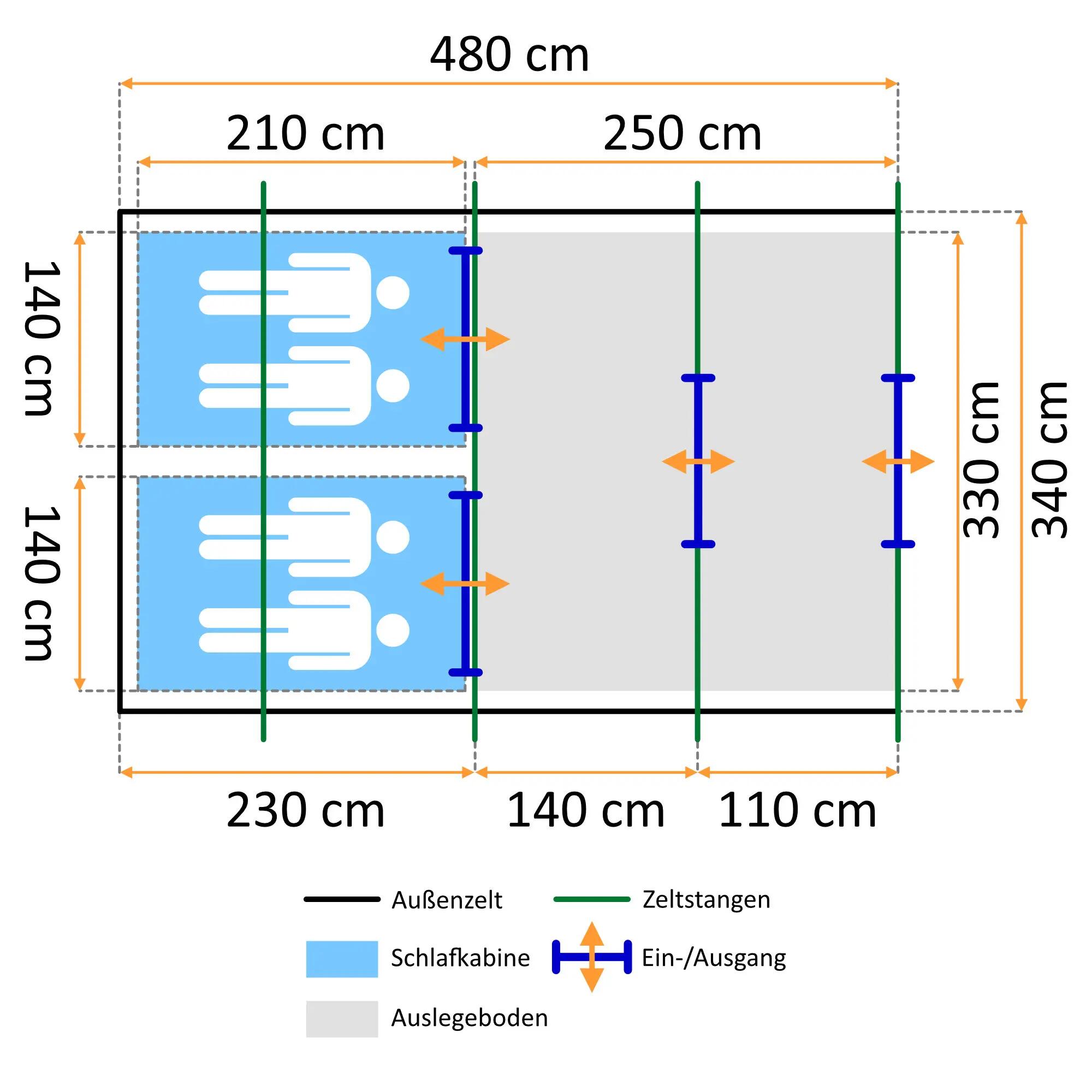 Zelt Multi für 4 Personen, 5000 mm Wassersäule, Blau/Sand Tunnelzelt mit Vorraum 3/8