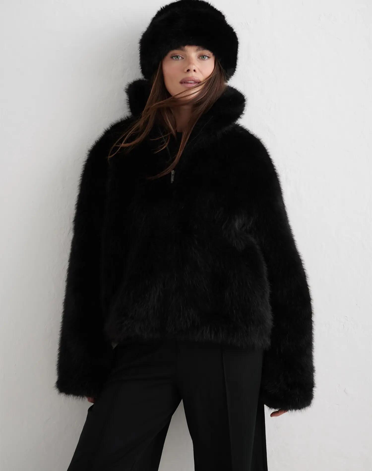 Damska kurtka ze sztucznego futerka Faux Fur Jacket czarna 5/6