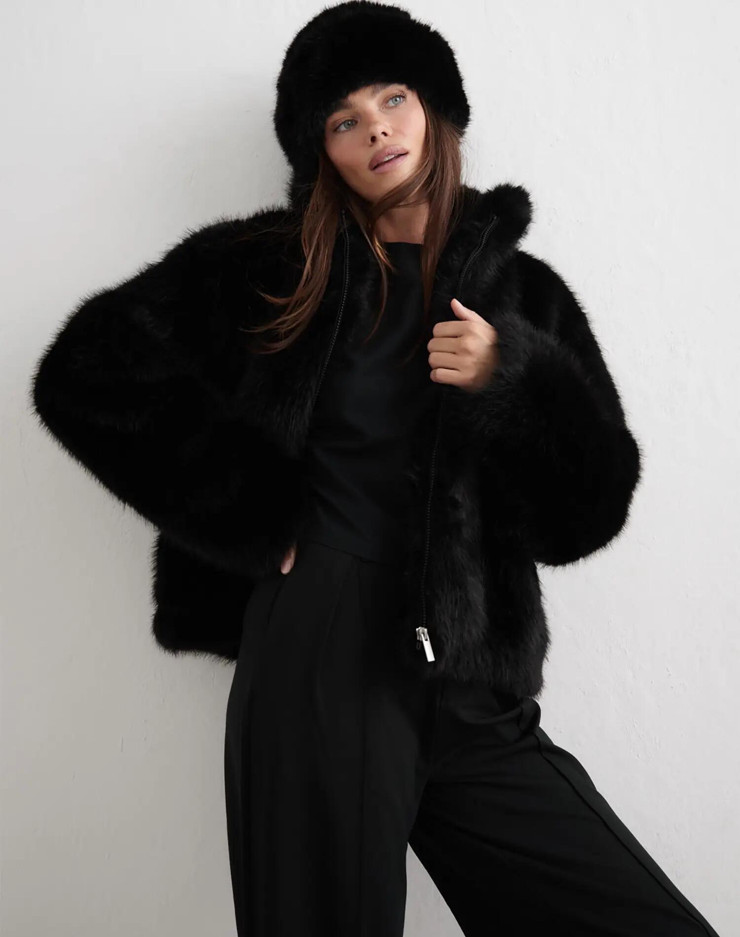 Damska kurtka ze sztucznego futerka Faux Fur Jacket czarna 2/6