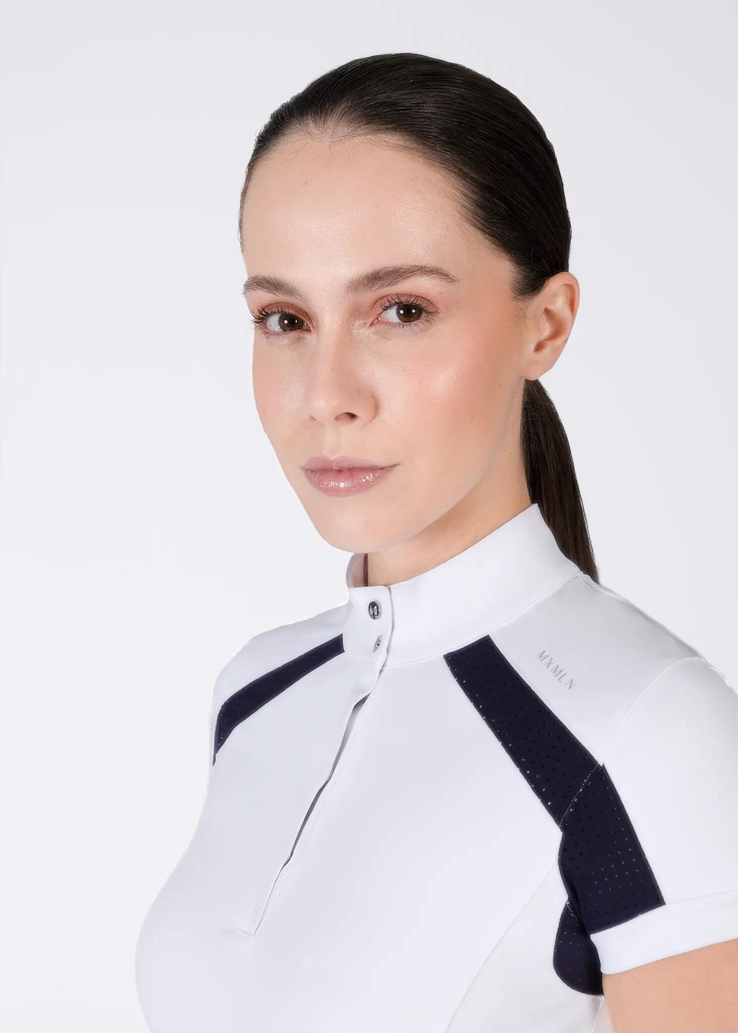 Camisa de Concurso Manga Corta Mujer Equitación Maximilian Aveen Blanco/Marino 5/6