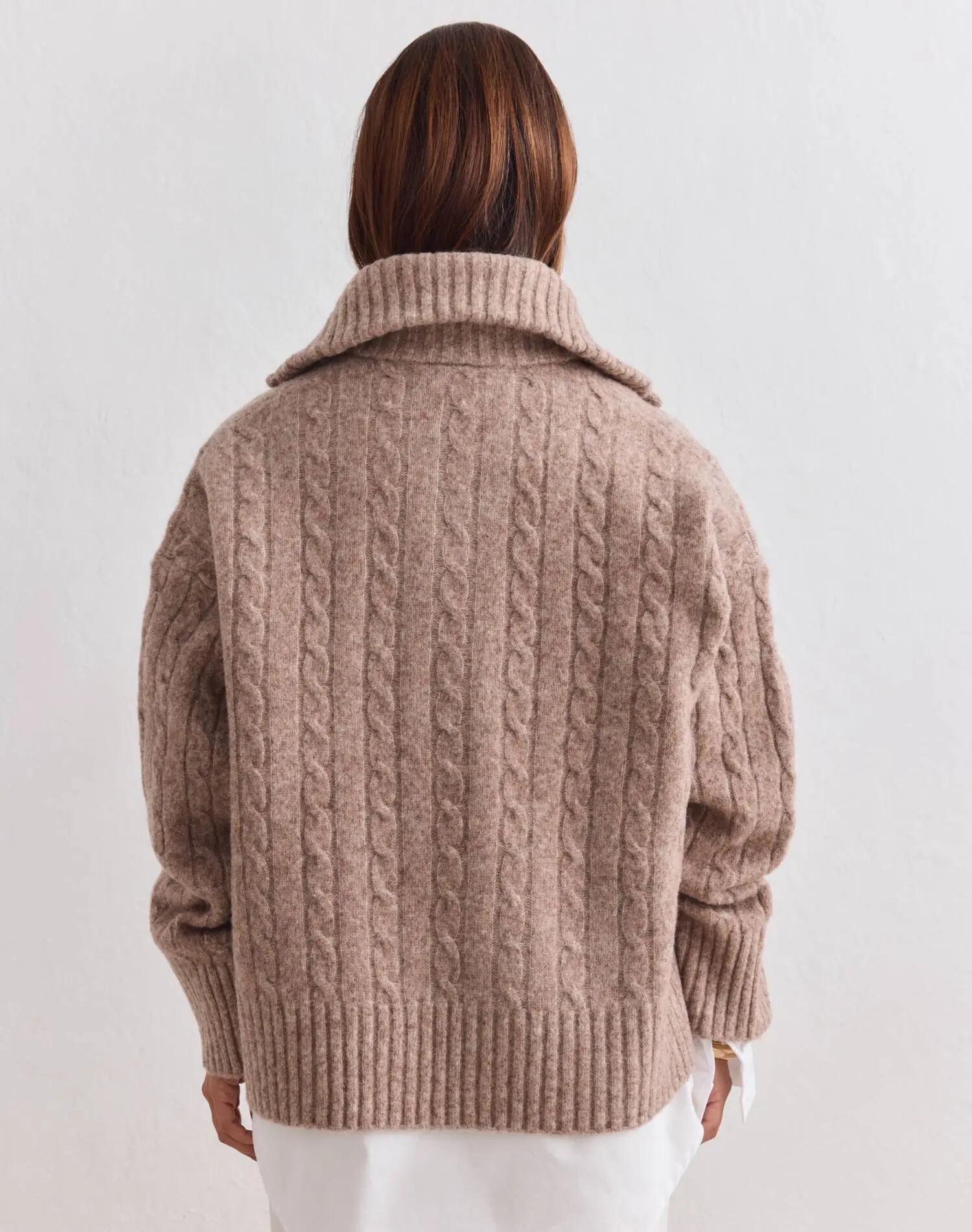 Donna Felpa Oversize in Maglia a Trecce con Mezza Cerniera Nocciola 3/7