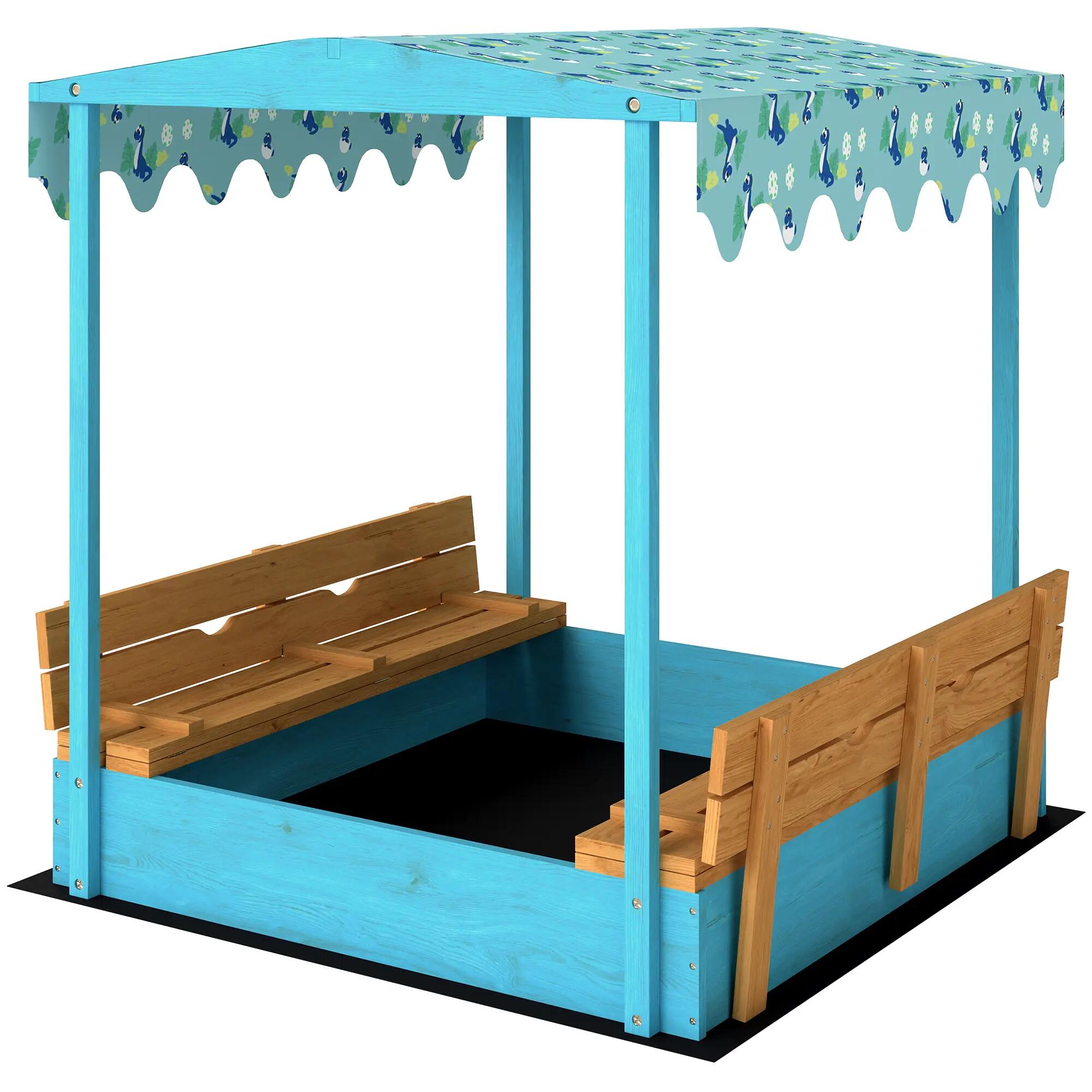 Bac à sable enfant couvercle siège pliable auvent bois bleu 5/5