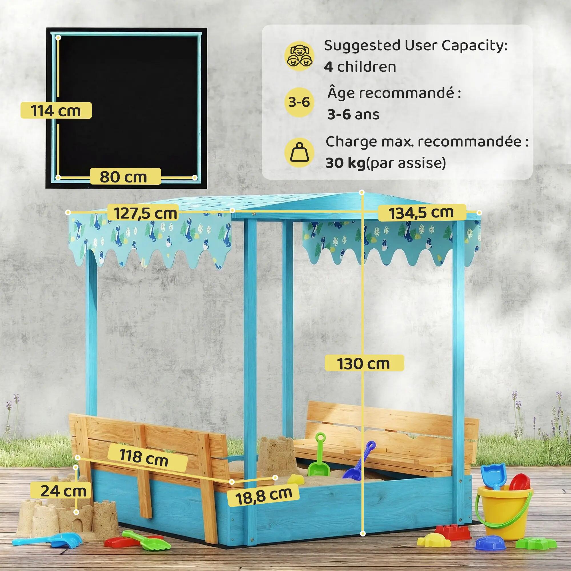 Bac à sable enfant couvercle siège pliable auvent bois bleu 3/5