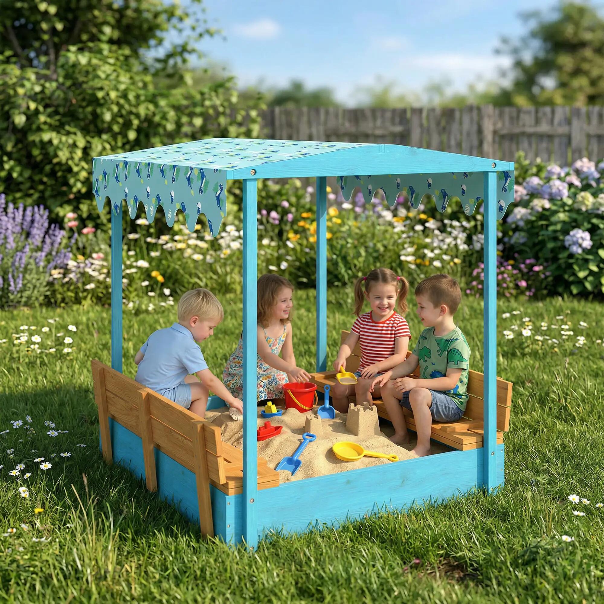 Bac à sable enfant couvercle siège pliable auvent bois bleu 2/5